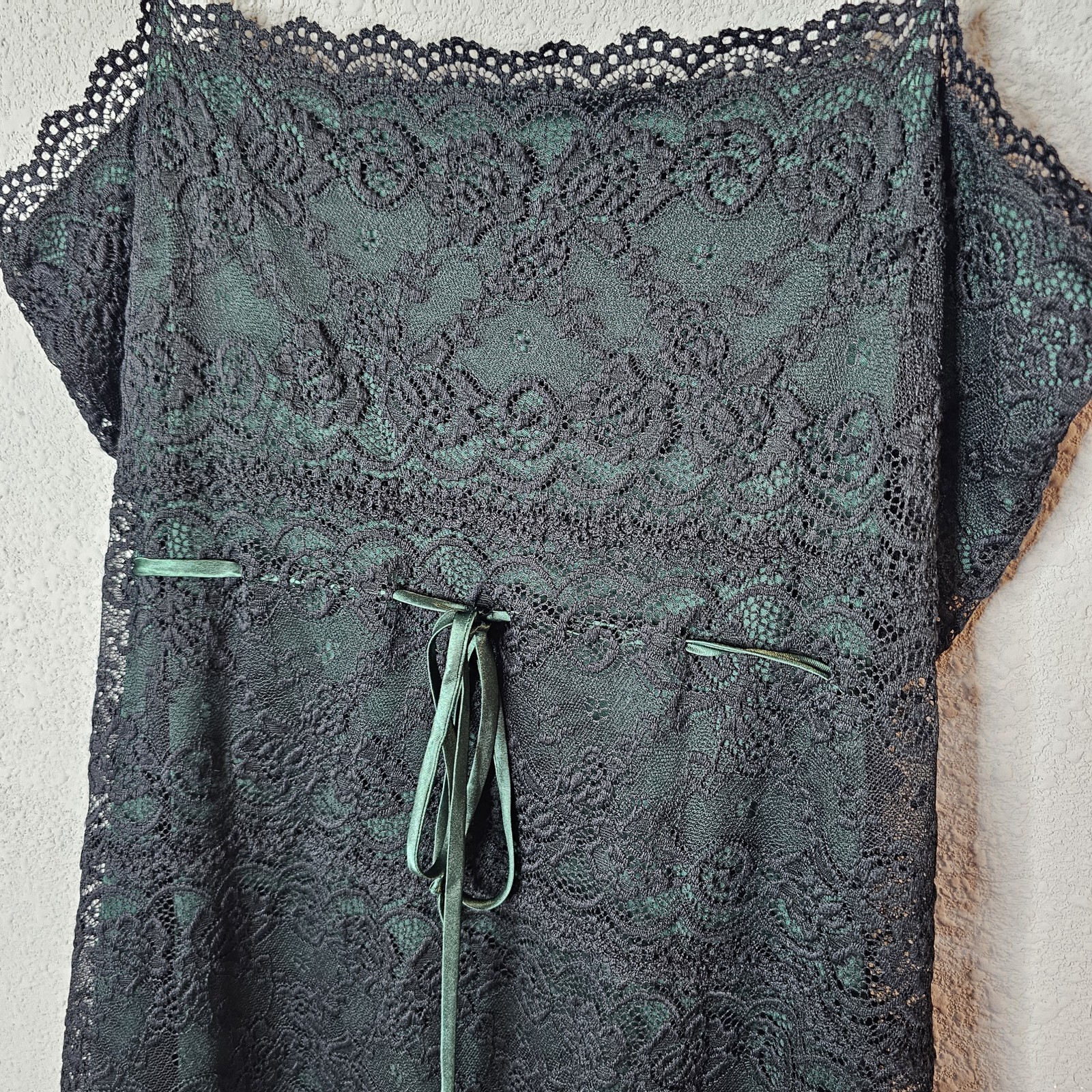Widow Dress Womens XL Black Green Lace Overlay Adjustable Strap Gothic Mini