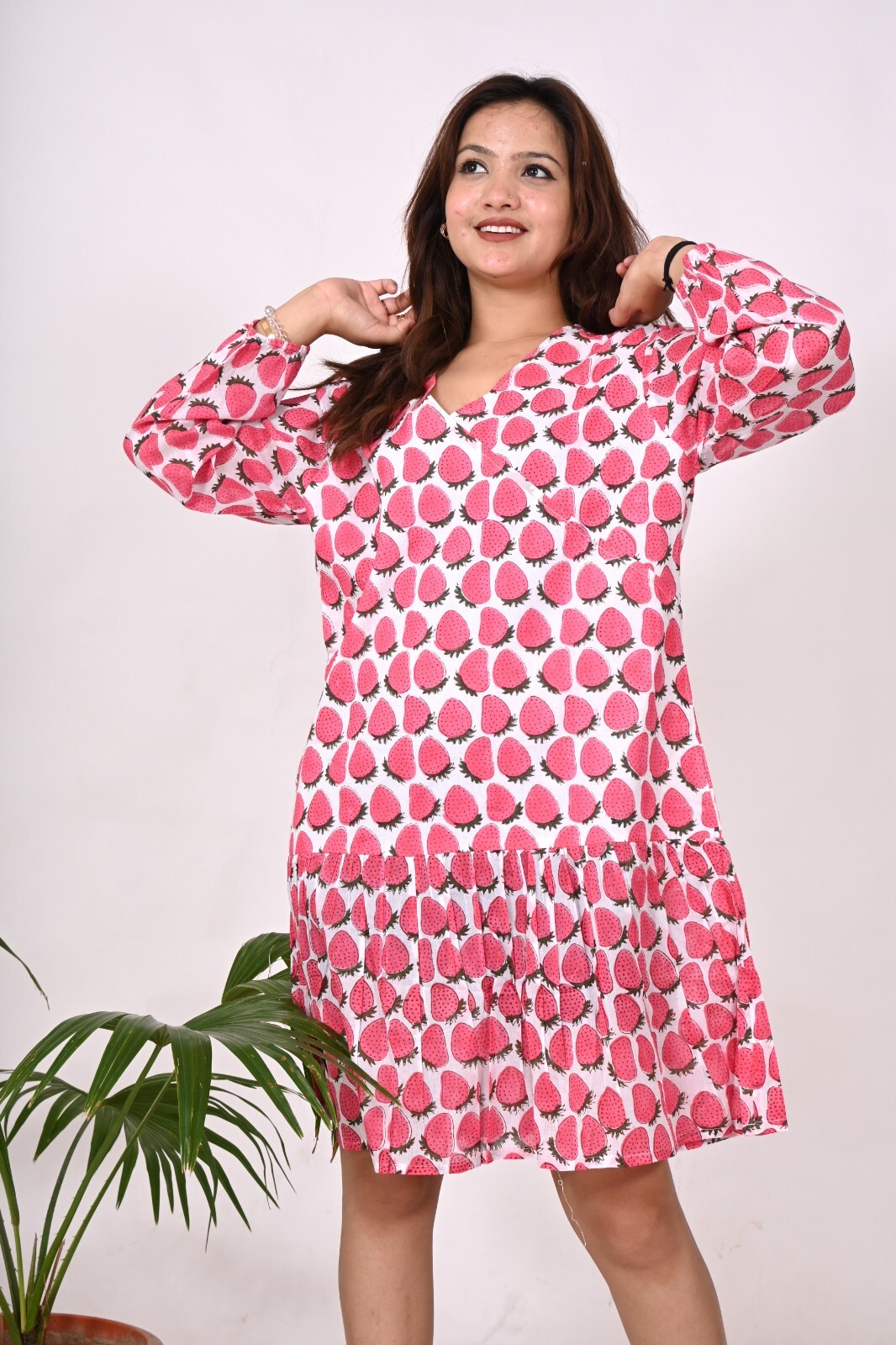 Women Boho Summer Dress Hand Block Printed Fruit Design Tunic Hippie Casual Wear