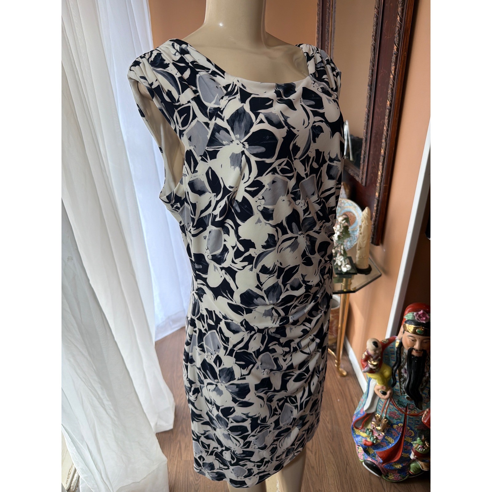 Lauren Ralph Lauren Navy Cream Floral Ruched Sheath Dress Size 16 Sleeveless