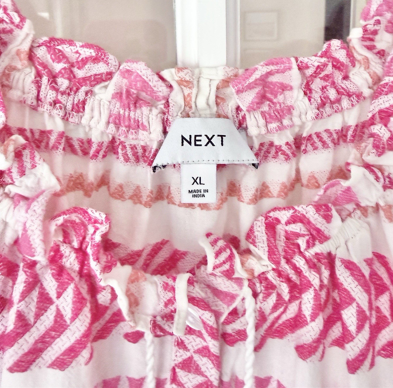 Next Pink Coral & Cream Ikat Print Smock Tie Neck Kaftan Dress Size XL UK 20-22