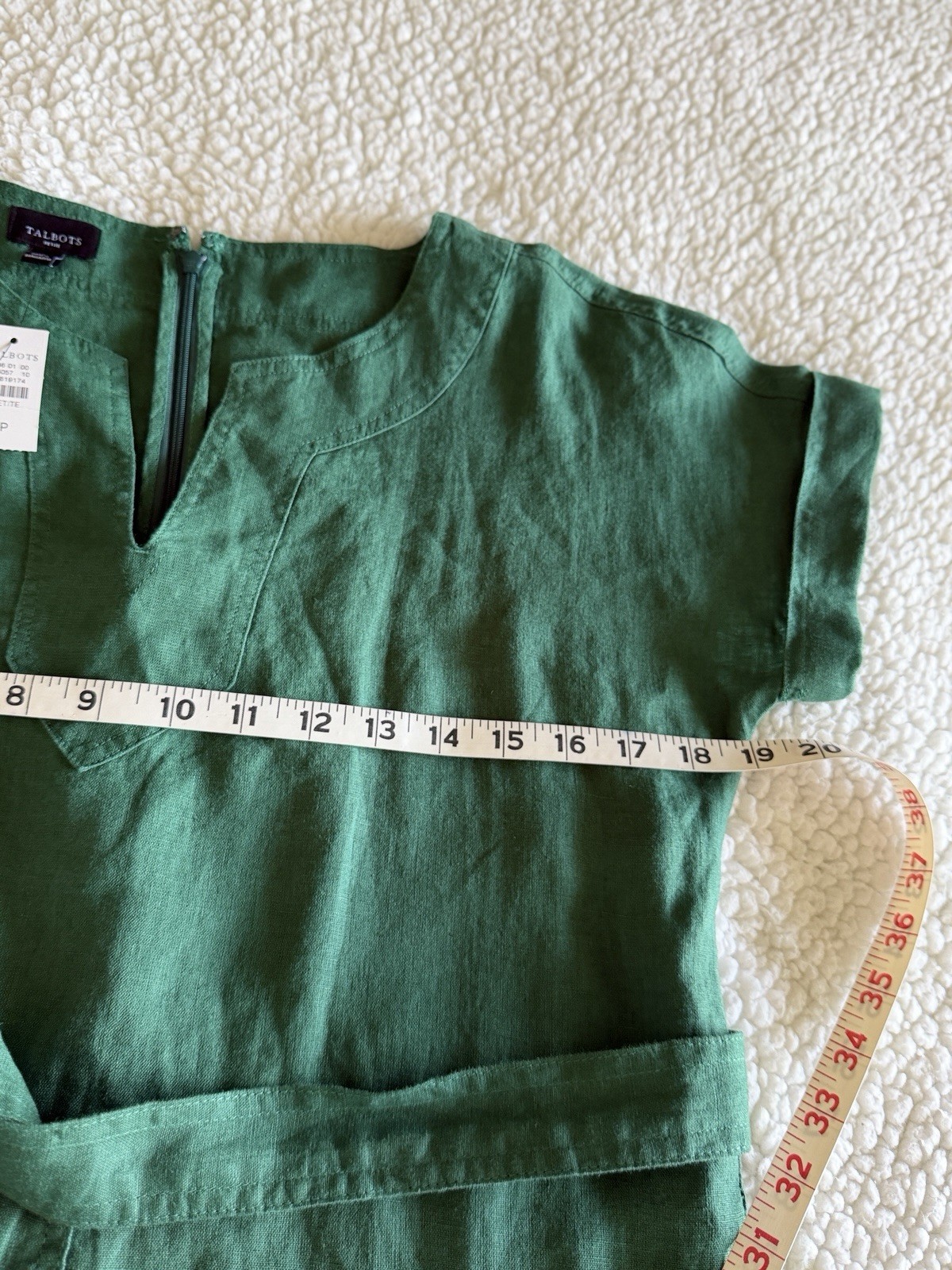 Talbots NWT Green 100%Linen Belted Shift Dress Womens Petite Small Short Sleeve