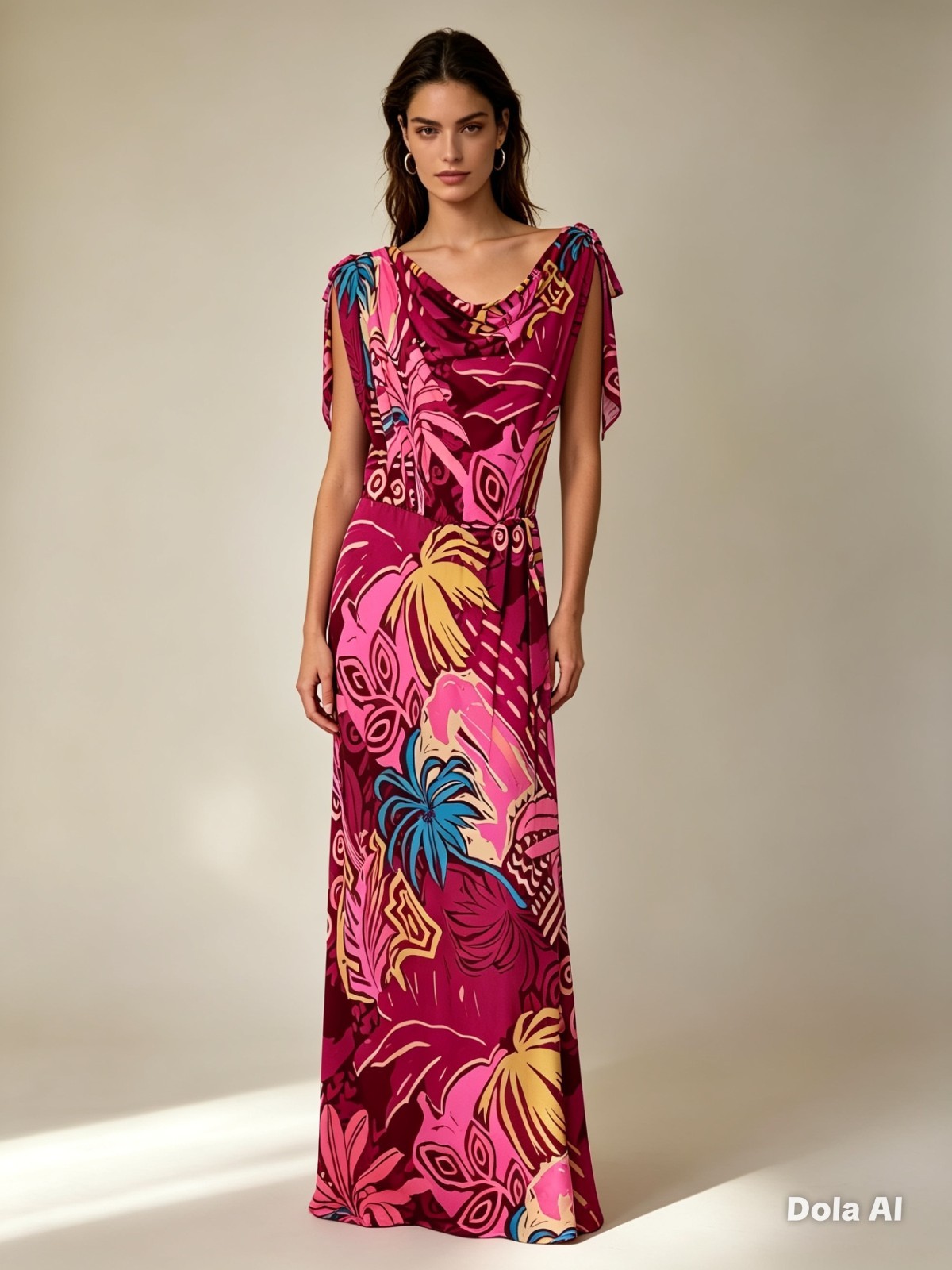Natasha Gan Maxi Dress AU 10 Pink Tropical Palm Print Rayon Cowl Neck Summer