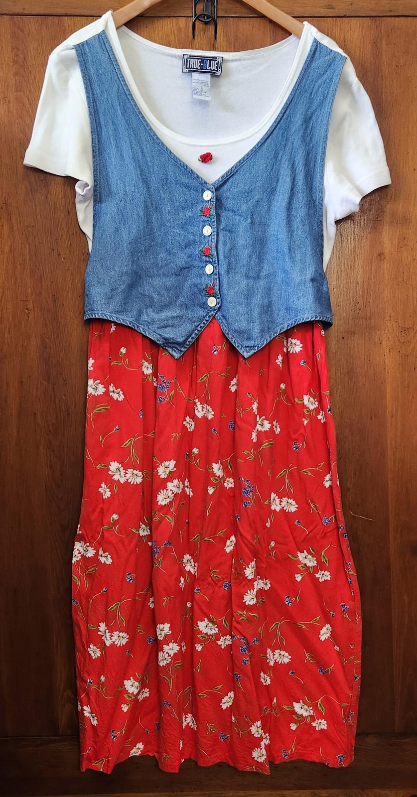Vtg True Blue Dress Womens Large Denim Vest Floral Midi Cottagecore Boho 90s
