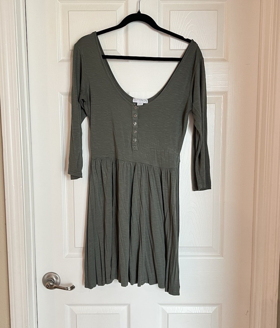 Cotton On Women’s Green Solid Knit A-Line Dress Scoop Neck 3/4 Sleeve L