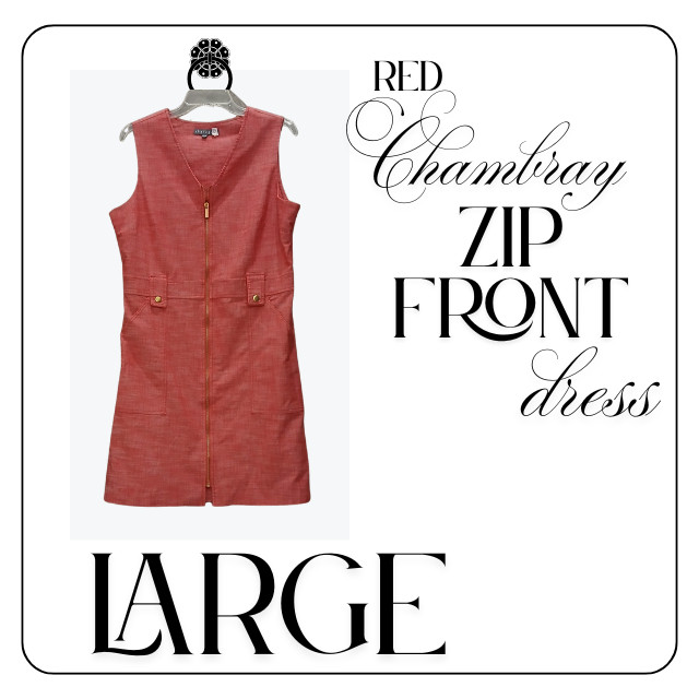 Sharagano Dress Womens 12 Red Chambray Sleeveless Zip Front Pockets Shift Casual