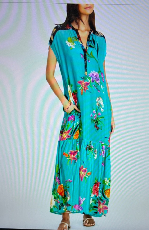 Johnny Was ~ PANYA ALBA Flowered Maxi Dress ~ L ~ Turquoise ~ NWT MSRP $380