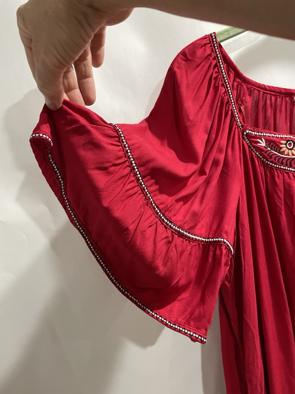 Max Studio Red Embroidered Dress Tunic XS Ruffle Short Sleeve Casual Summer