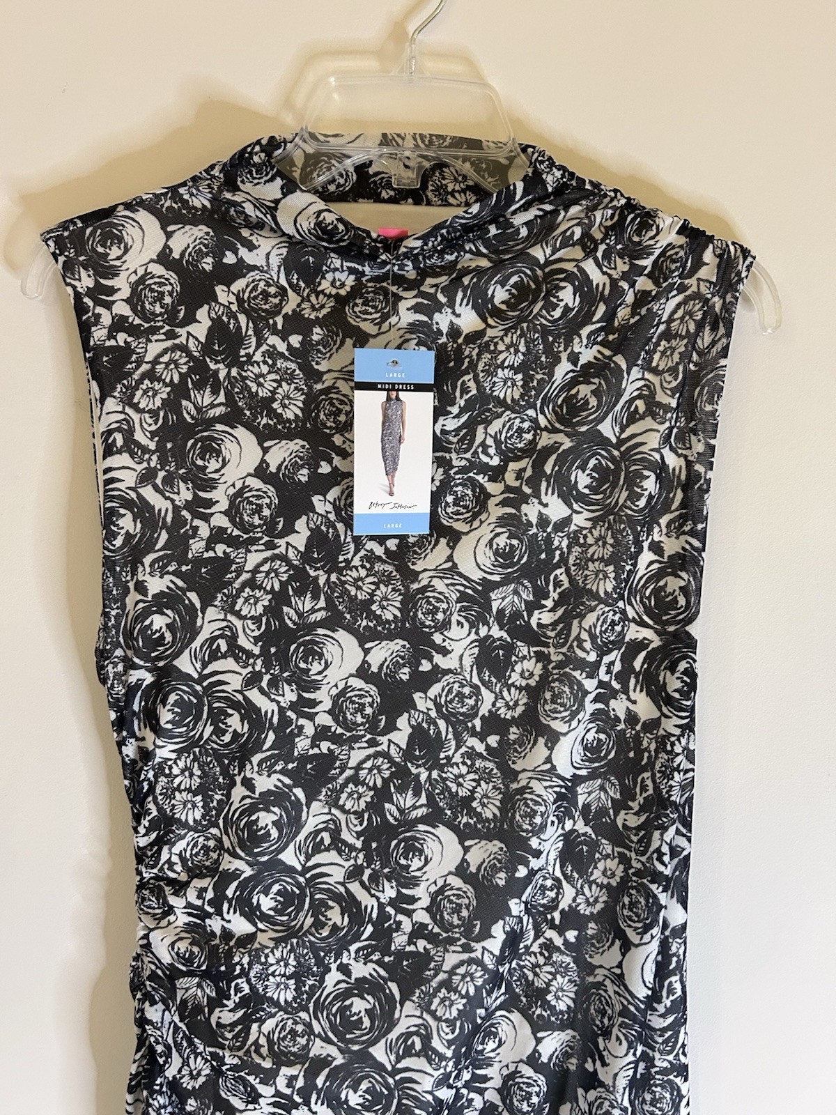 Betsey Johnson Womens L Black White Floral Cowl Neck Ruched Stretch Midi Bodycon
