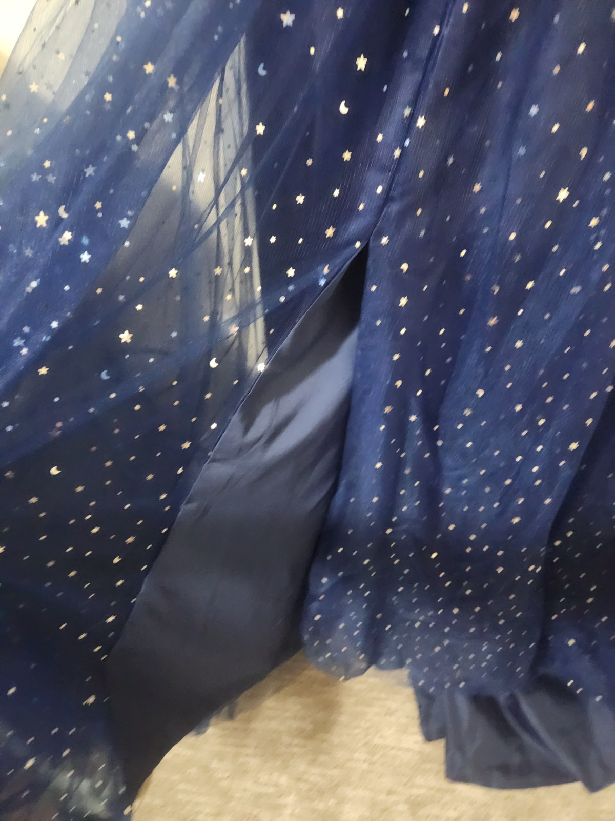 Xijun Dress Size 14 Tulle V Neck Puffy Sleeve Slit Starry Navy Blue Prom NWOT