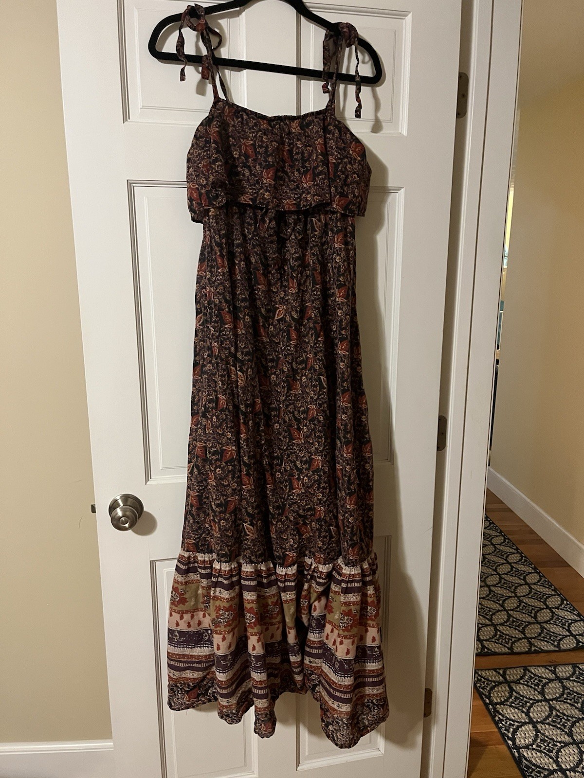 Free People Women’s Size M Brown Paisley Boho Smocked Strap Square Neck Midi