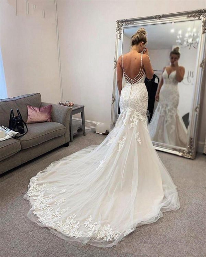 Sexy V-Neck Mermaid Evening Dresses Spaghetti Straps Backless Party Gowns