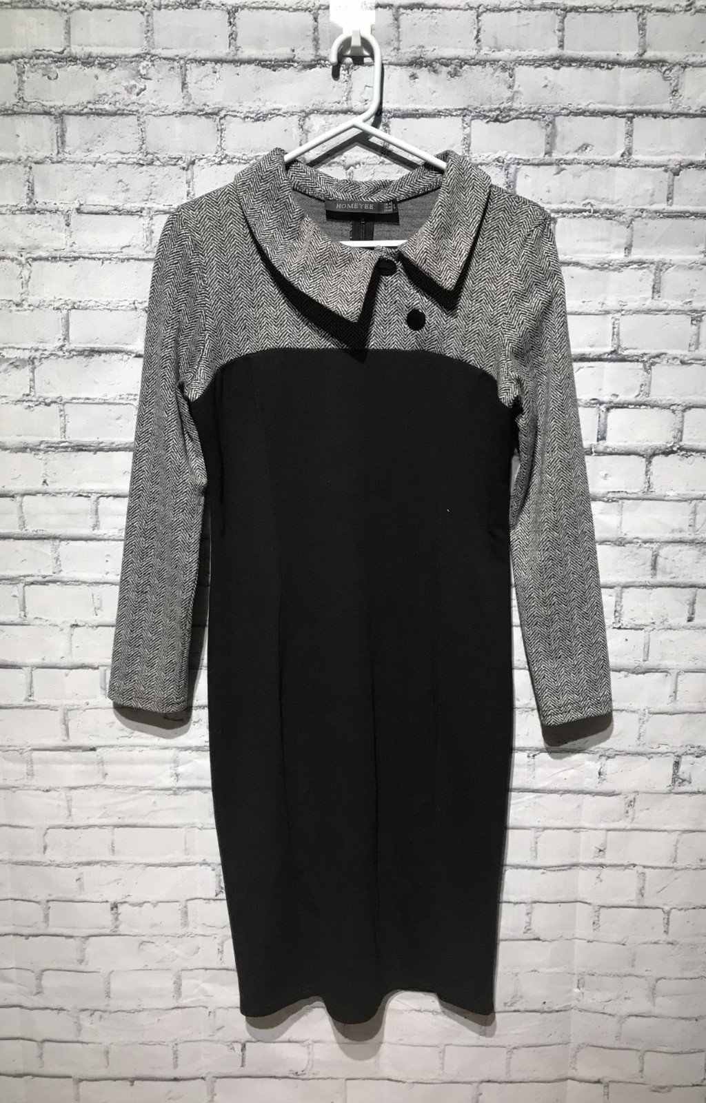 Homeyee, L, Gray Knit & Black Stretch Long Sleeve Knee-Length Dress, Work Office
