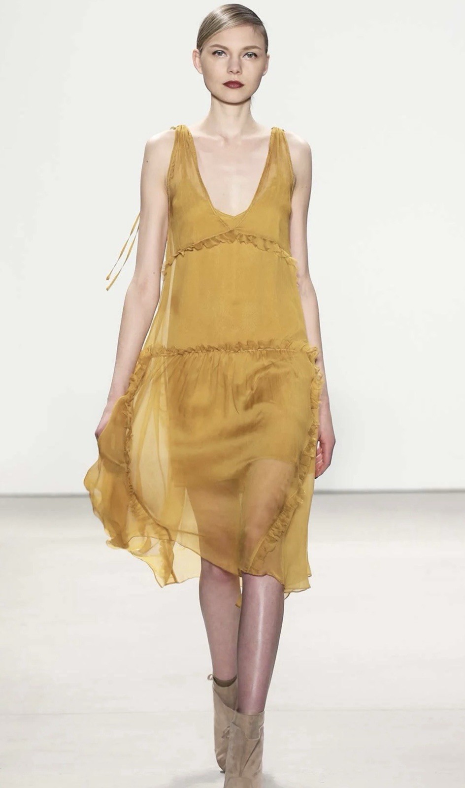 Marissa Webb Yellow Silk Ruffle Tiered Midi Dress Sheer Runway Fall 2016 Size XS