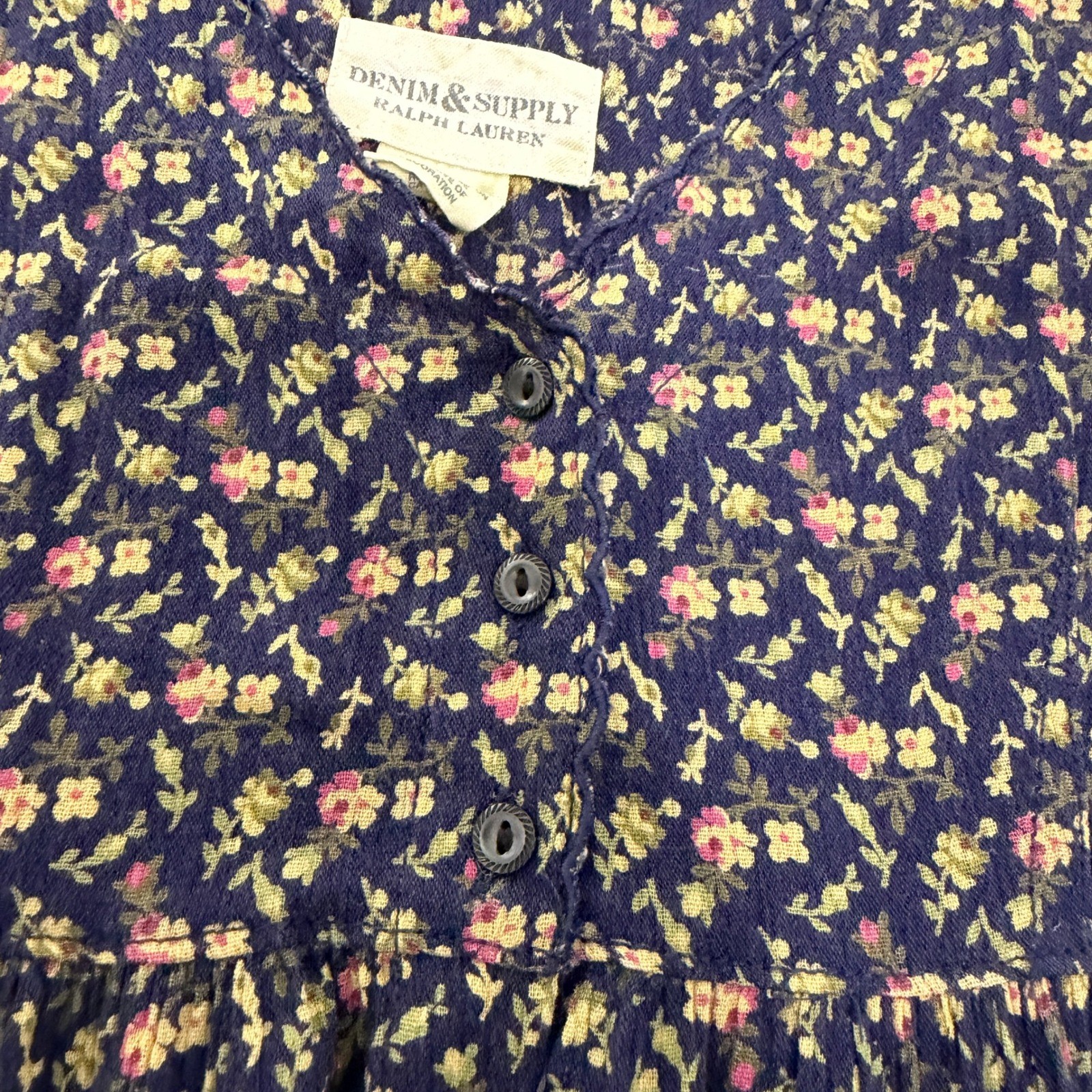 Denim & Supply Ralph Lauren Floral Babydoll Dress Navy Blue Cap Sleeve Small