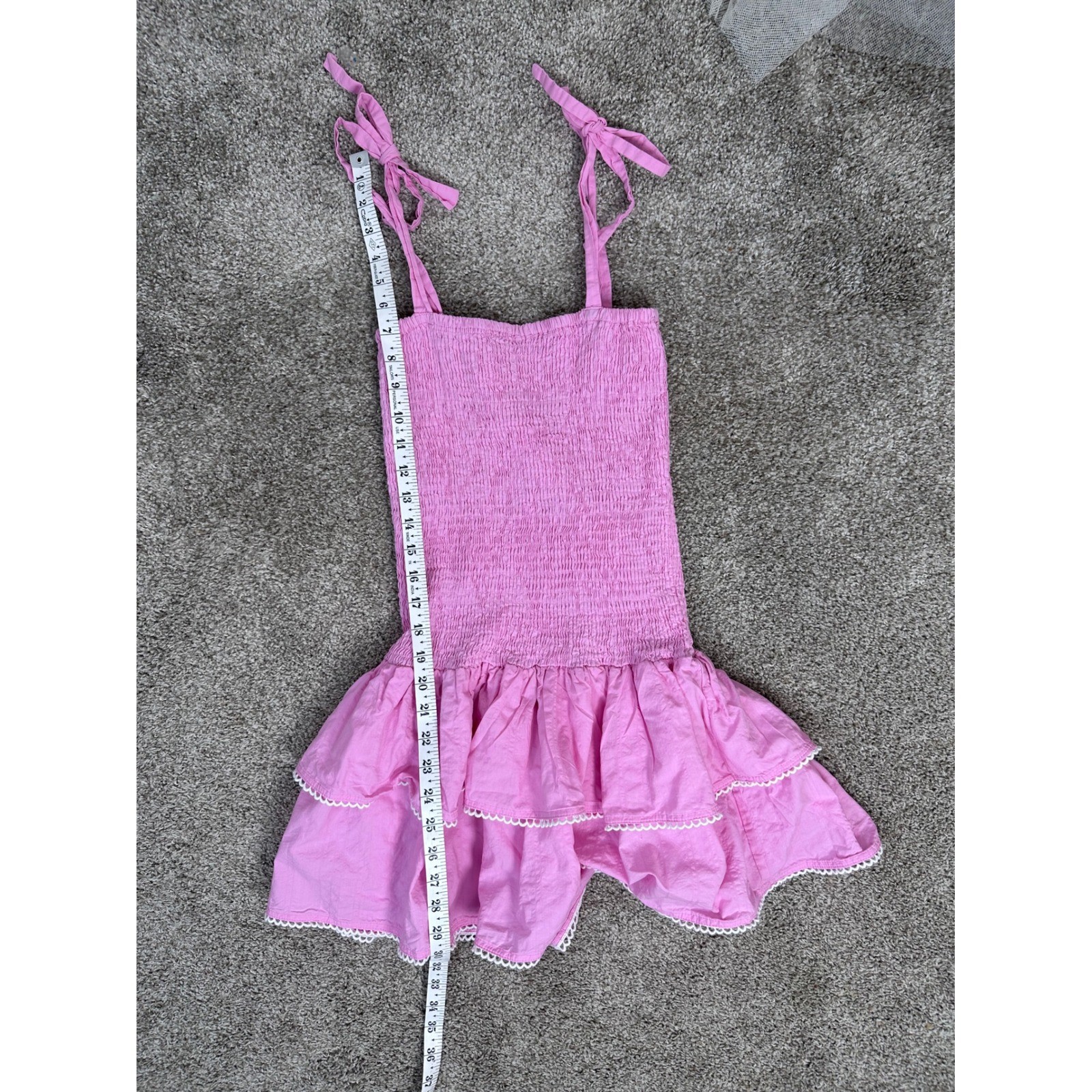 Pink Smocked Mini Dres Tie Strap Tiered Ruffle Coquette Babydoll Cottagecore xs