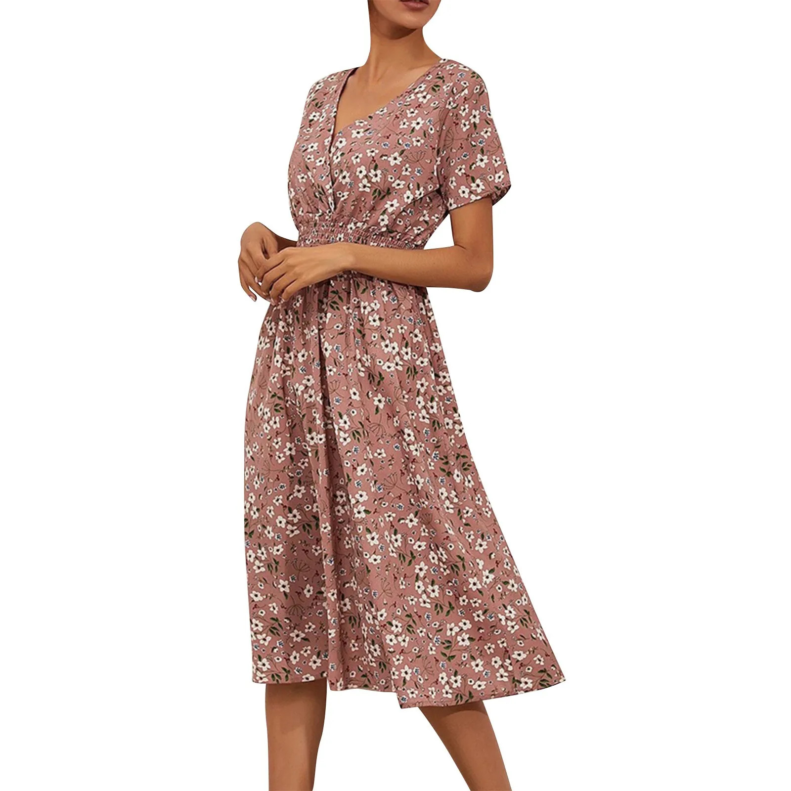 High Quality Luxury Design Dress Elegant Waist Cinching V-neck Printed