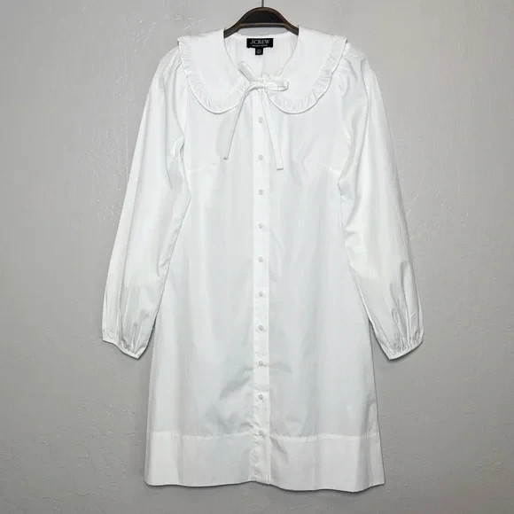 J.CREW Women’s Size XXS White Cotton Poplin Ruffle-Collar Mini Shirt-Dress