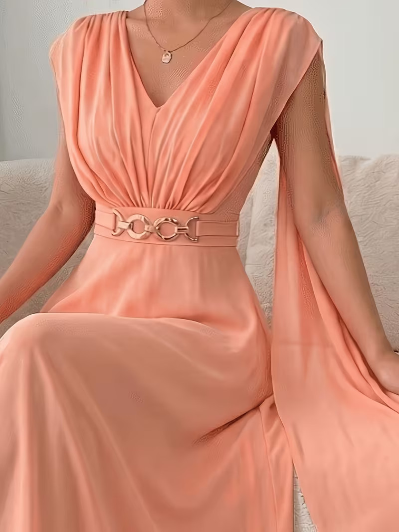 Elegant Chiffon Rushed Puff Sleeve Dress with Buckle Belt