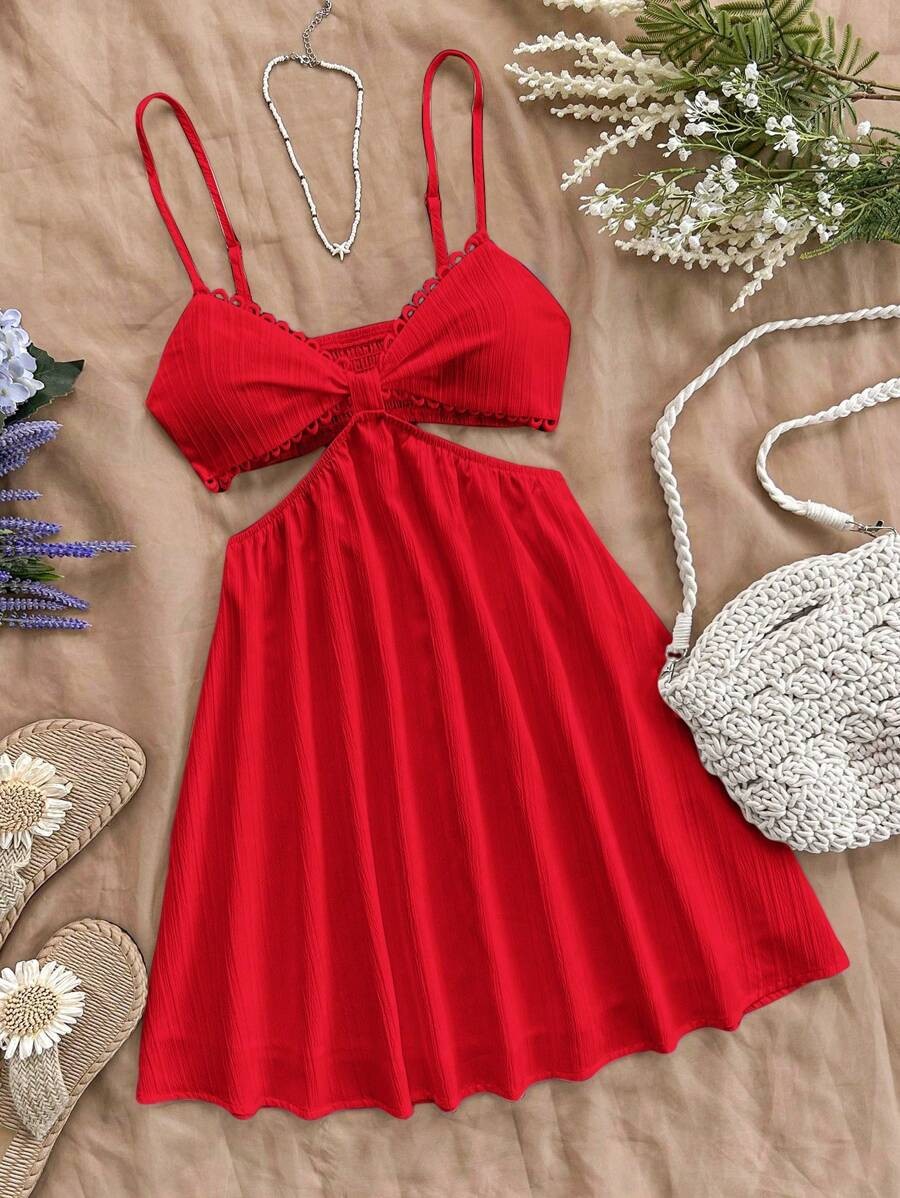 Sexy Backless Cami Dress Cut Out Spaghetti Strap High Waist Flared Mini