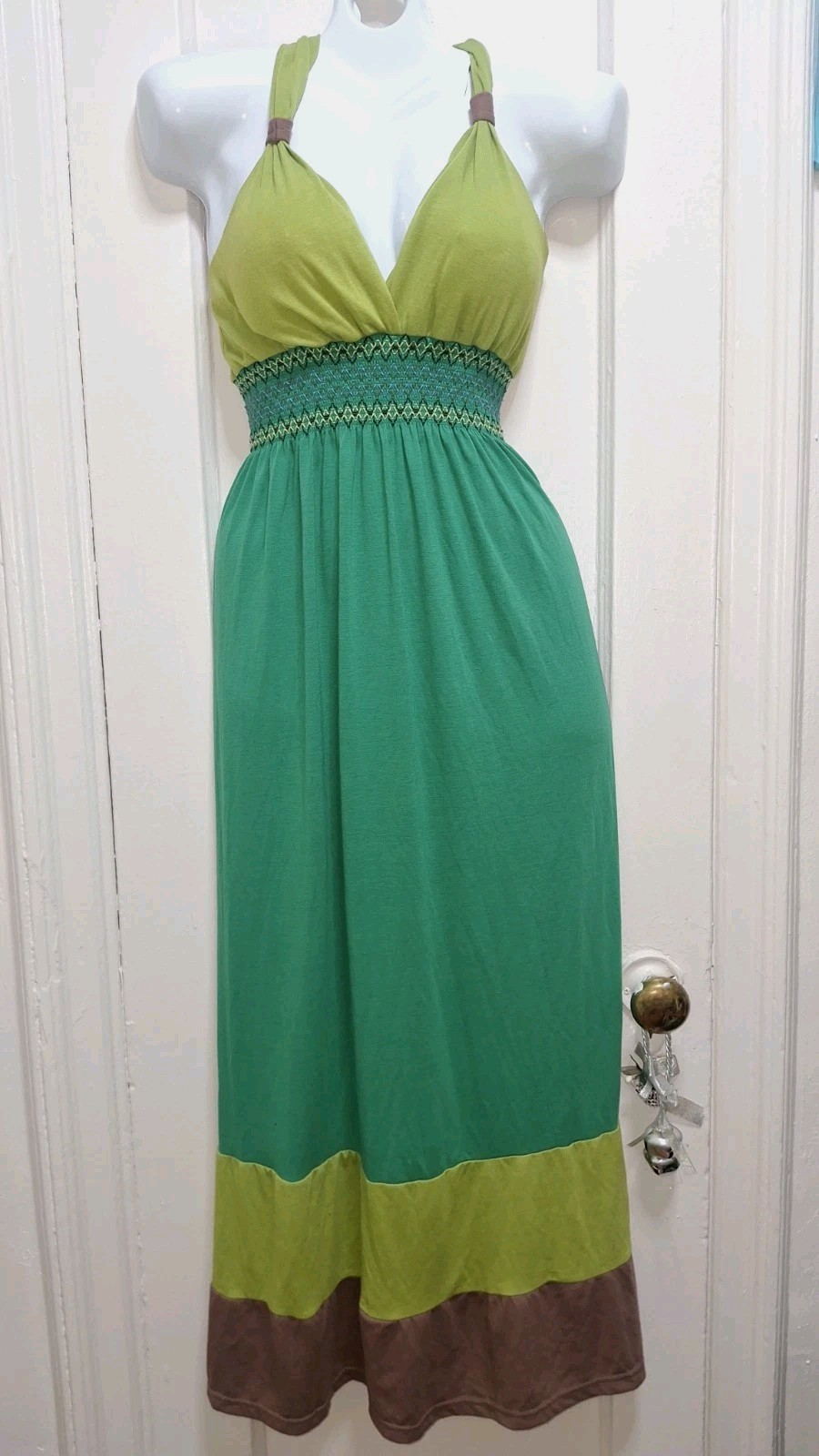 Fashion Instincts Women’s Halter Maxi Dress Green Colorblock Empire Waist Size S