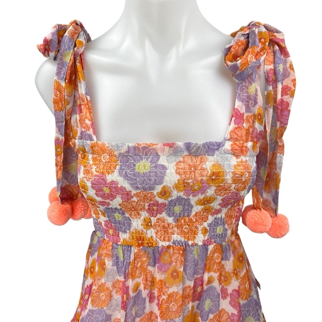 NEW Sundress Pippa Floral Orange Sleeveless Pom Pom Mini Fit & Flare Dress XS