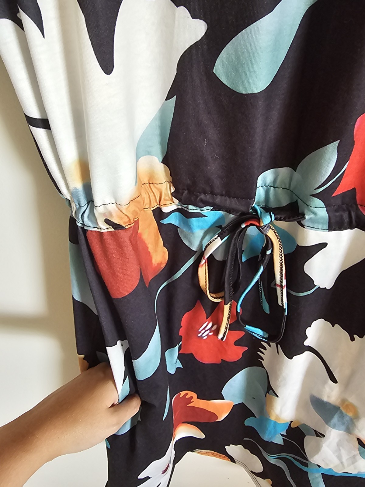 Black Floral T-Shirt Dress Short Sleeve Round Neck Drawstring Waist Pockets S