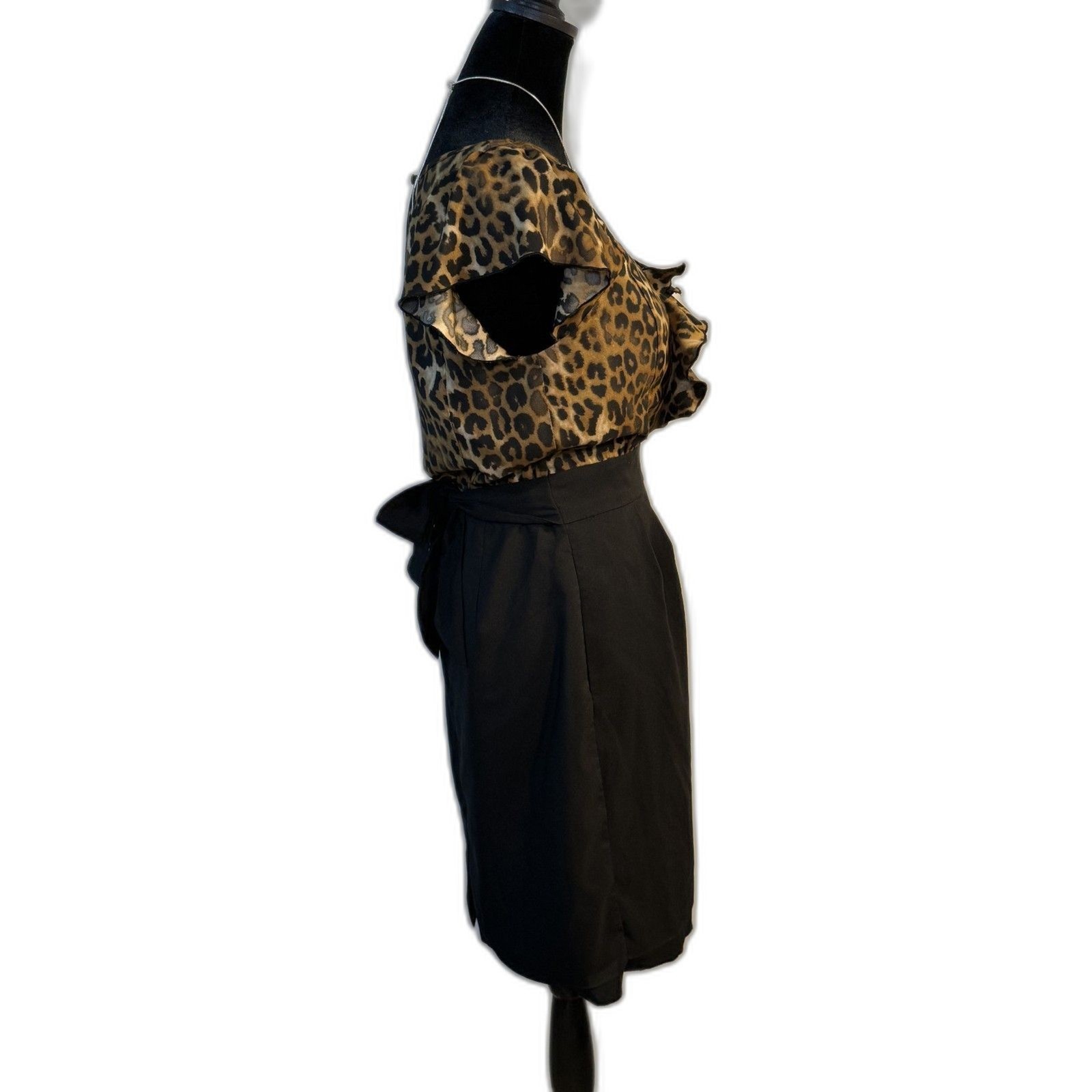 Express Leopard Print Twofer Dress — Ruffle Blouse Top, Black Pencil Skirt