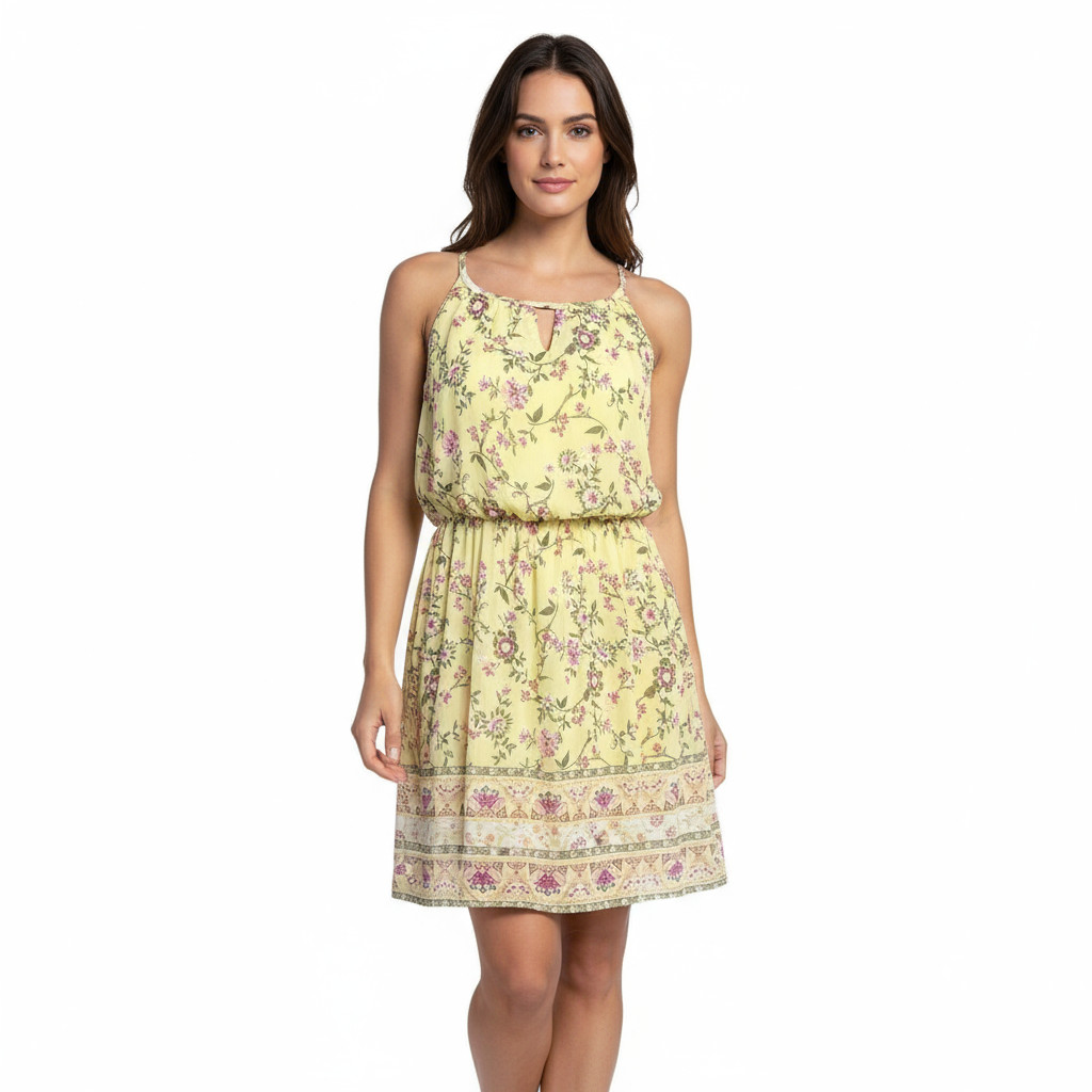 Blue Rain Yellow Floral Mini Dress Medium Spaghetti Keyhole Boho Sundress