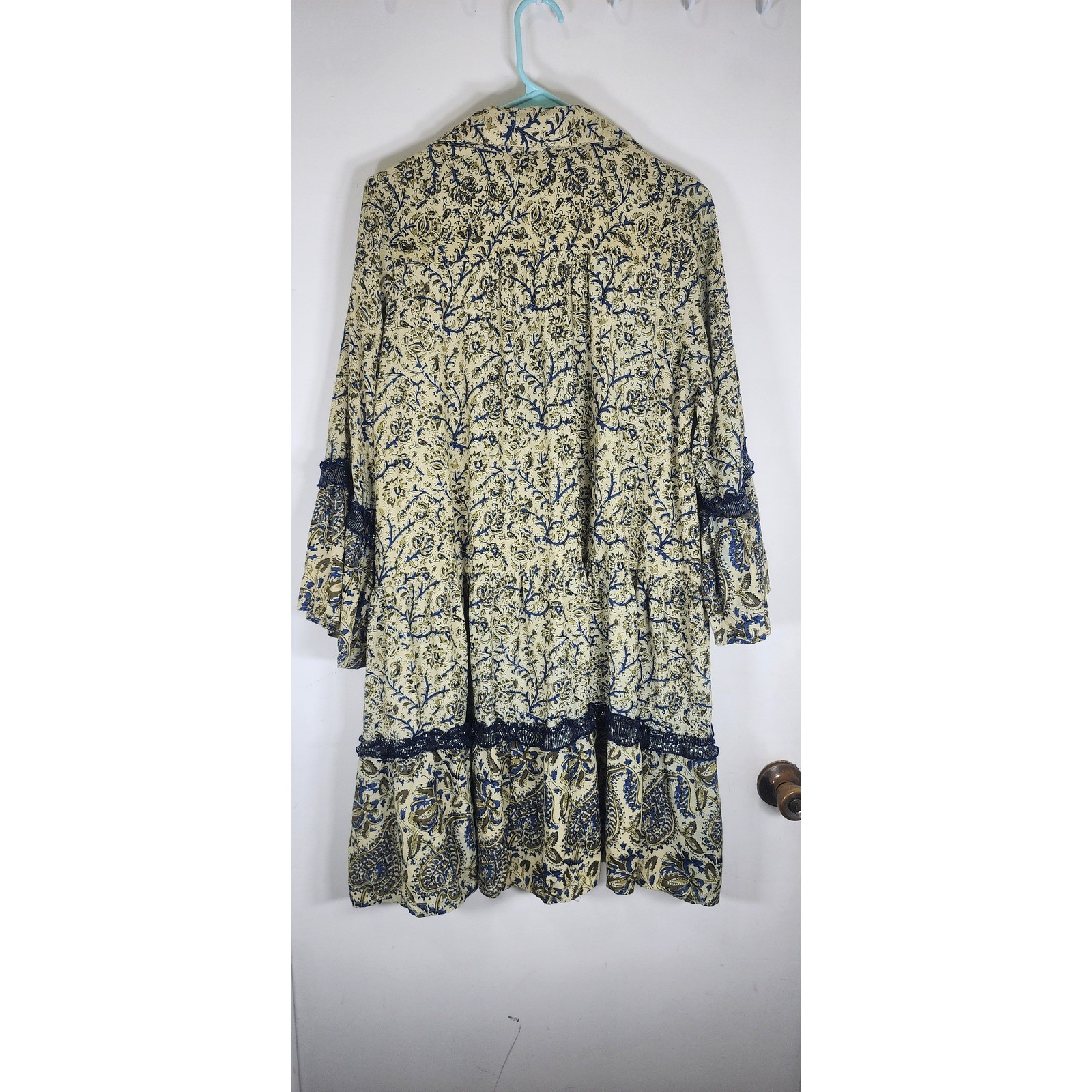 Miss June Paris Boho Paisley Floral Beaded Sequin Bell Sleeve Mini Dress Blue