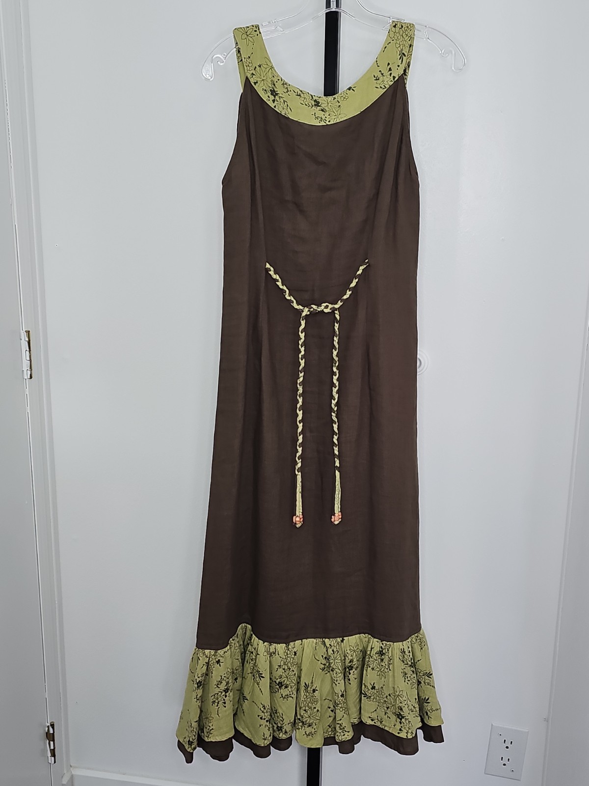 Tera Bora 2 Pc Boho Lagenlook Brown Green Linen Blend Dress Jacket Set T1