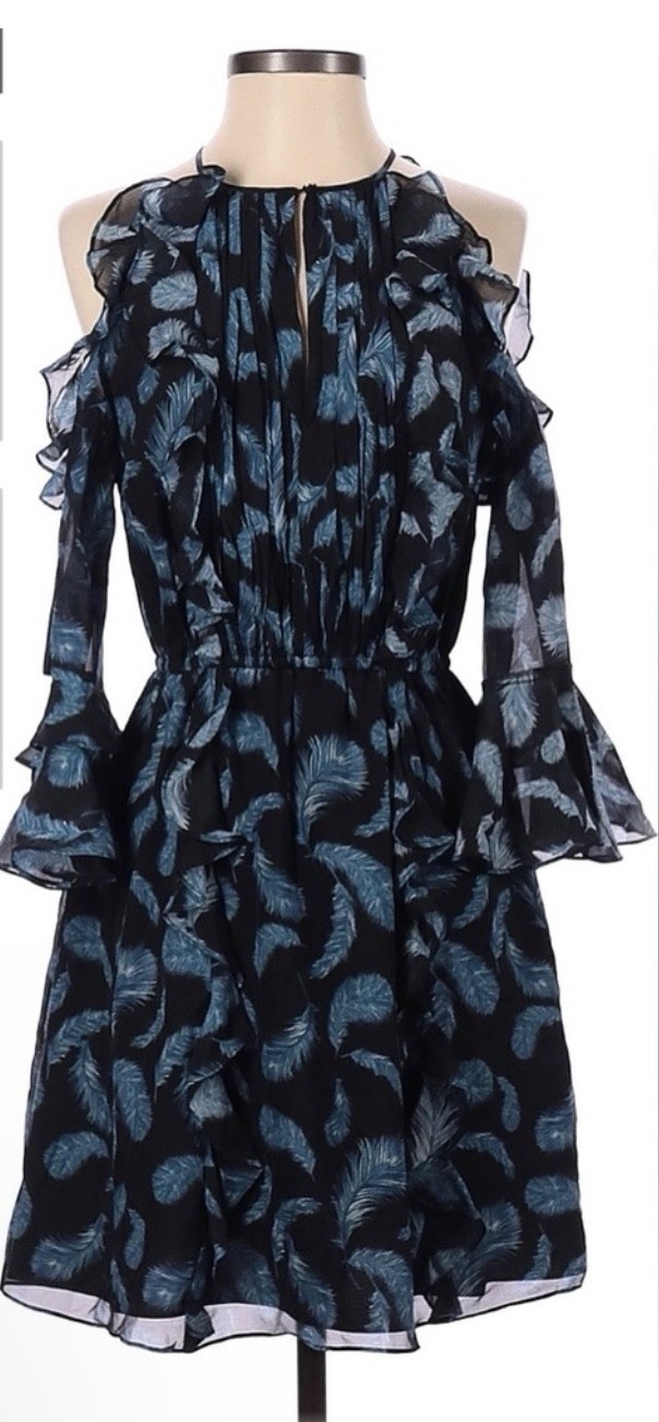 Rachel Zoe Women’s Cold Shoulder 100% Silk Dress Size 10 Black With Blue Feather