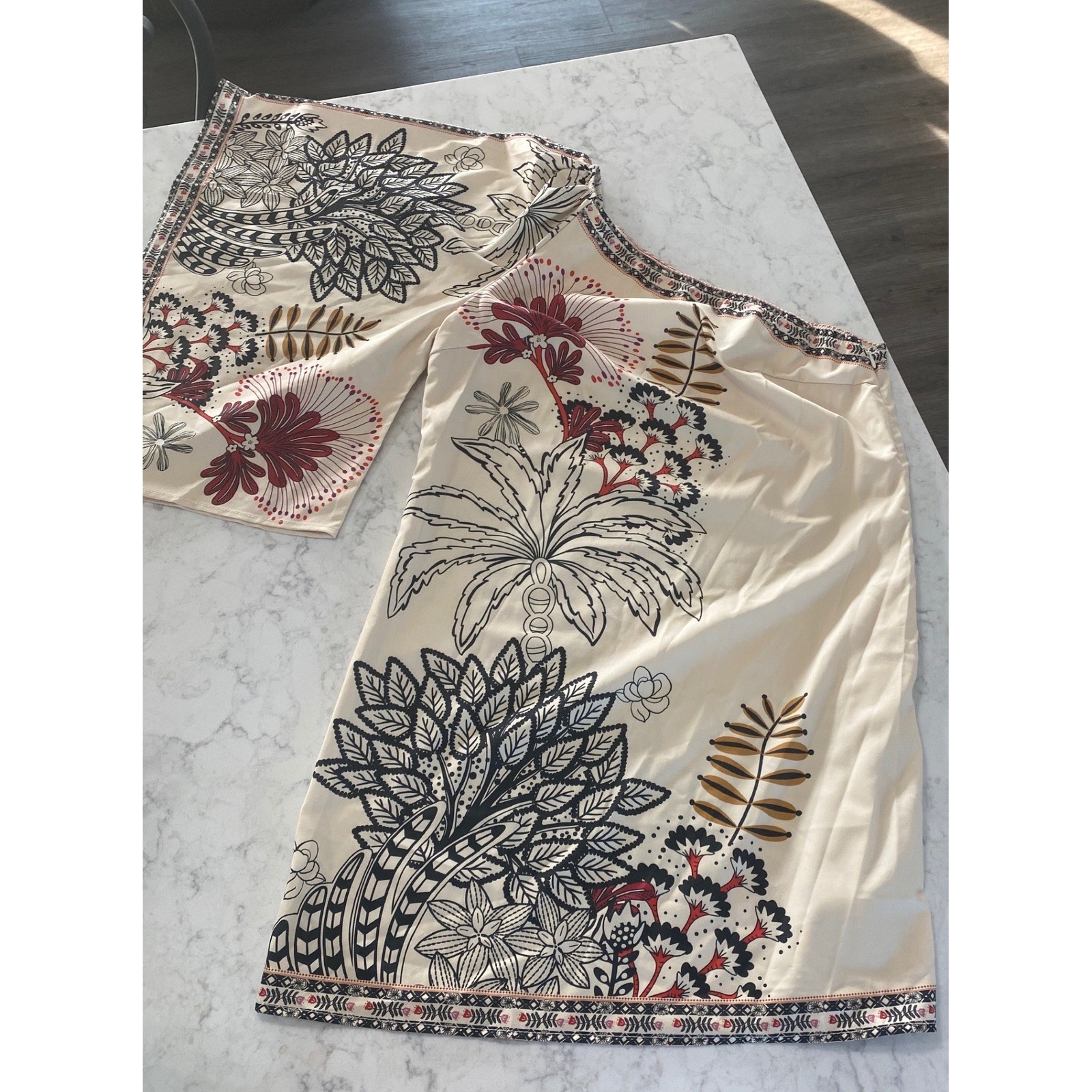 SHEIN Tropical Botanical One Shoulder Mini Dress Cream Red Black M