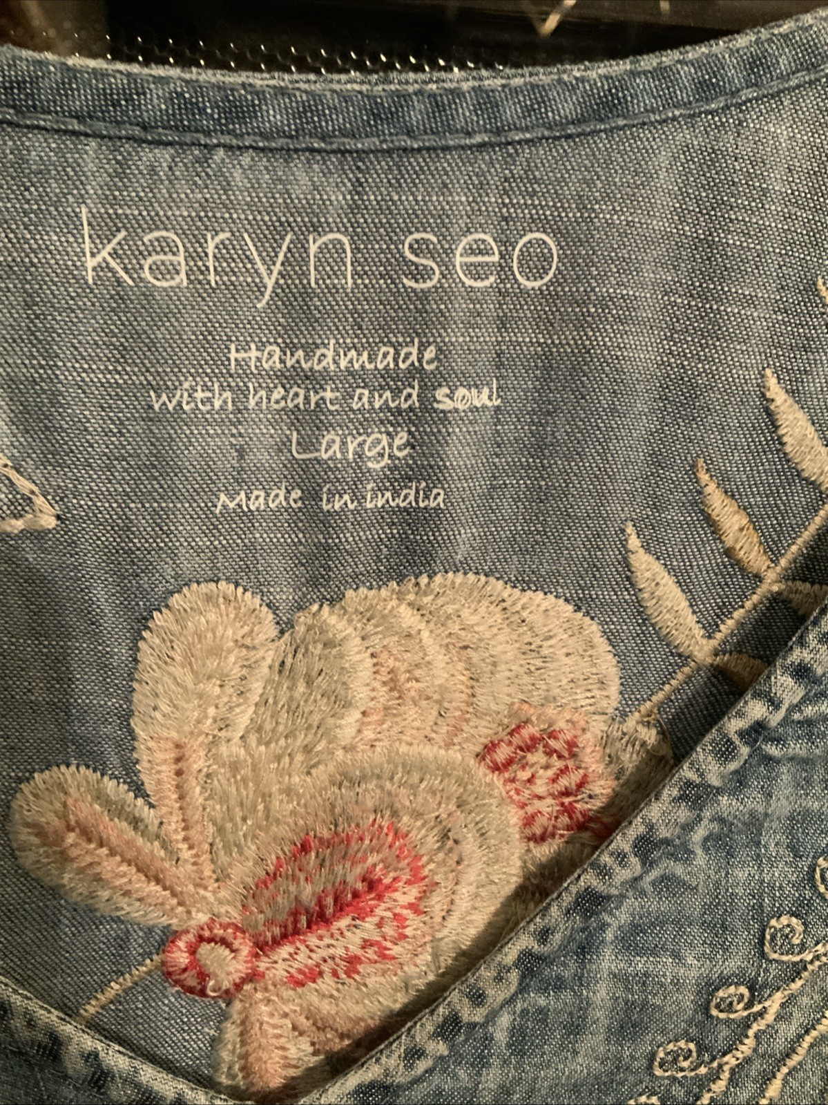 Karyn See Lightweight Denim Embroidered Dress L Bohemian Handmade India