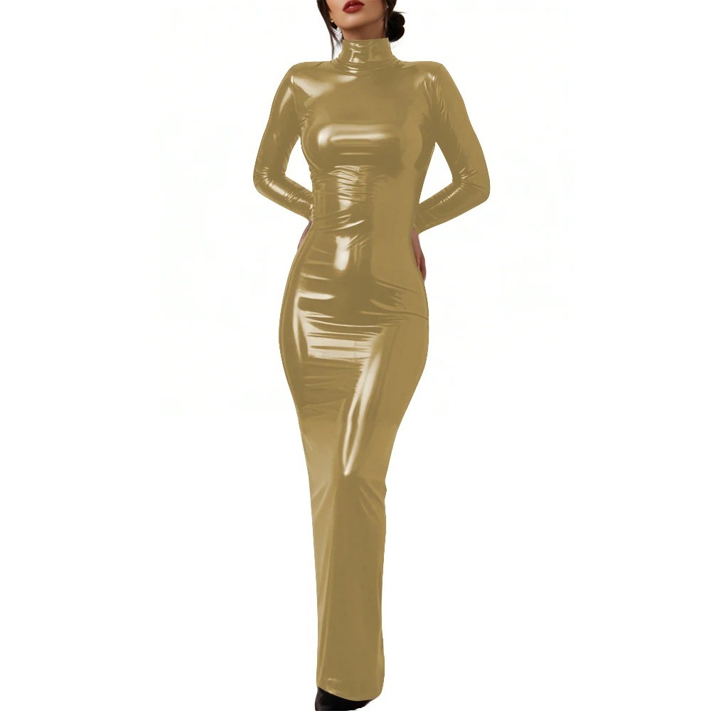 Glossy PVC Leather Lockable Dress Cosplay Maxi Dress Sexy Bodycon Party Gown