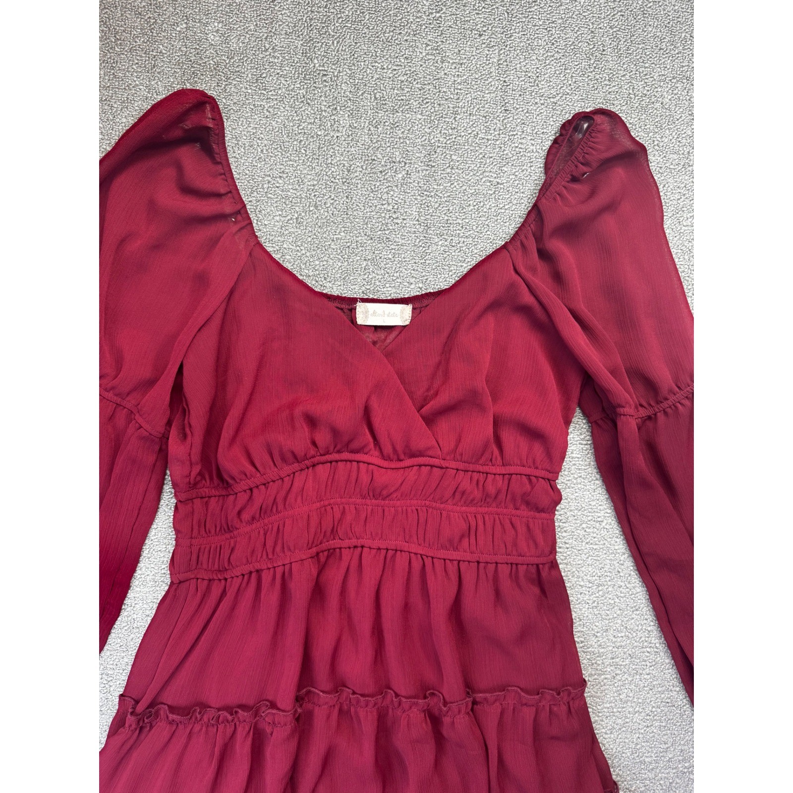 Altar’d State Dress Large Burgundy Smocked Tiered Mini Sheer Long Sleeve