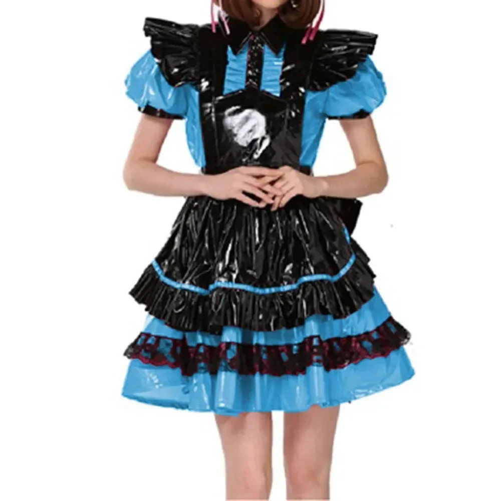 Party Cosplay Maid Cross Dressing with Apron Lockable PVC Puff Sleeve Dress