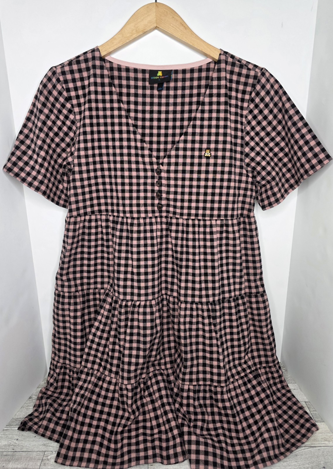 Teddy Fresh Tiered Mini Dress S Gingham Cottagecore Picniccore Babydoll It Girl