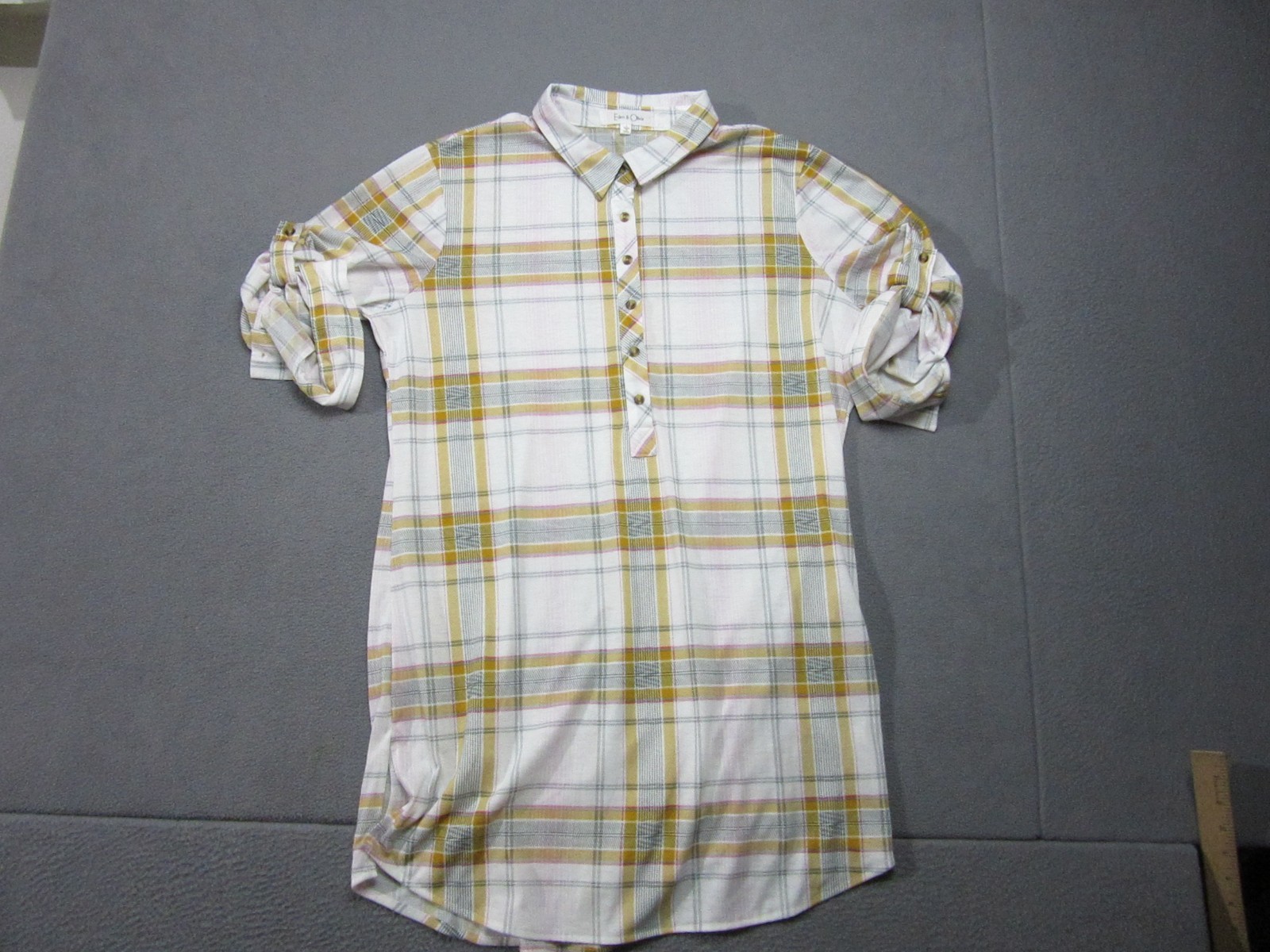 Eden & Olivia Dress Womens Large White Yellow Plaid Shirt Casual Roll Tab Sleeve