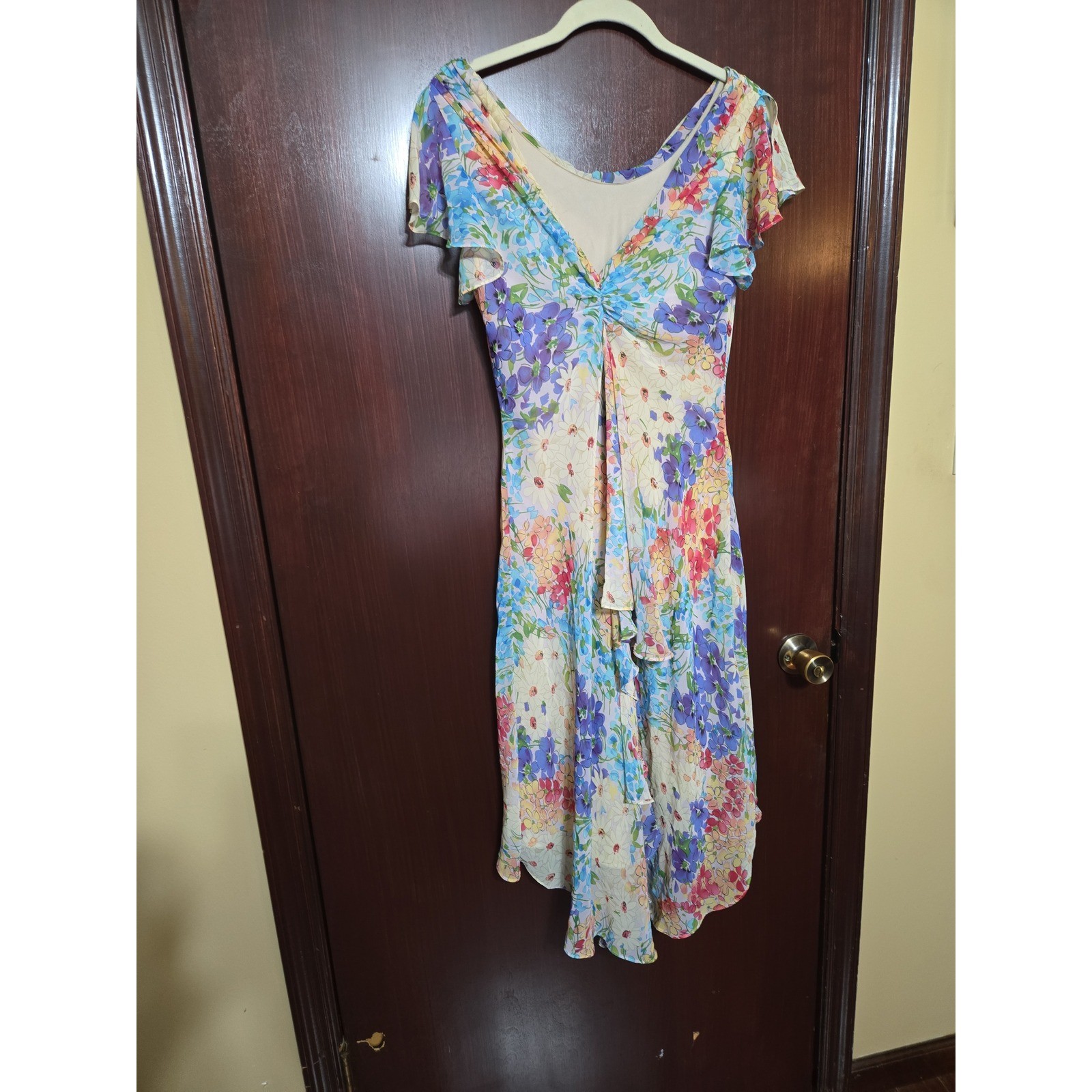SL Fashions Floral V-Neck Flutter Sleeve Asymmetrical Hem Midi Dress Size 10