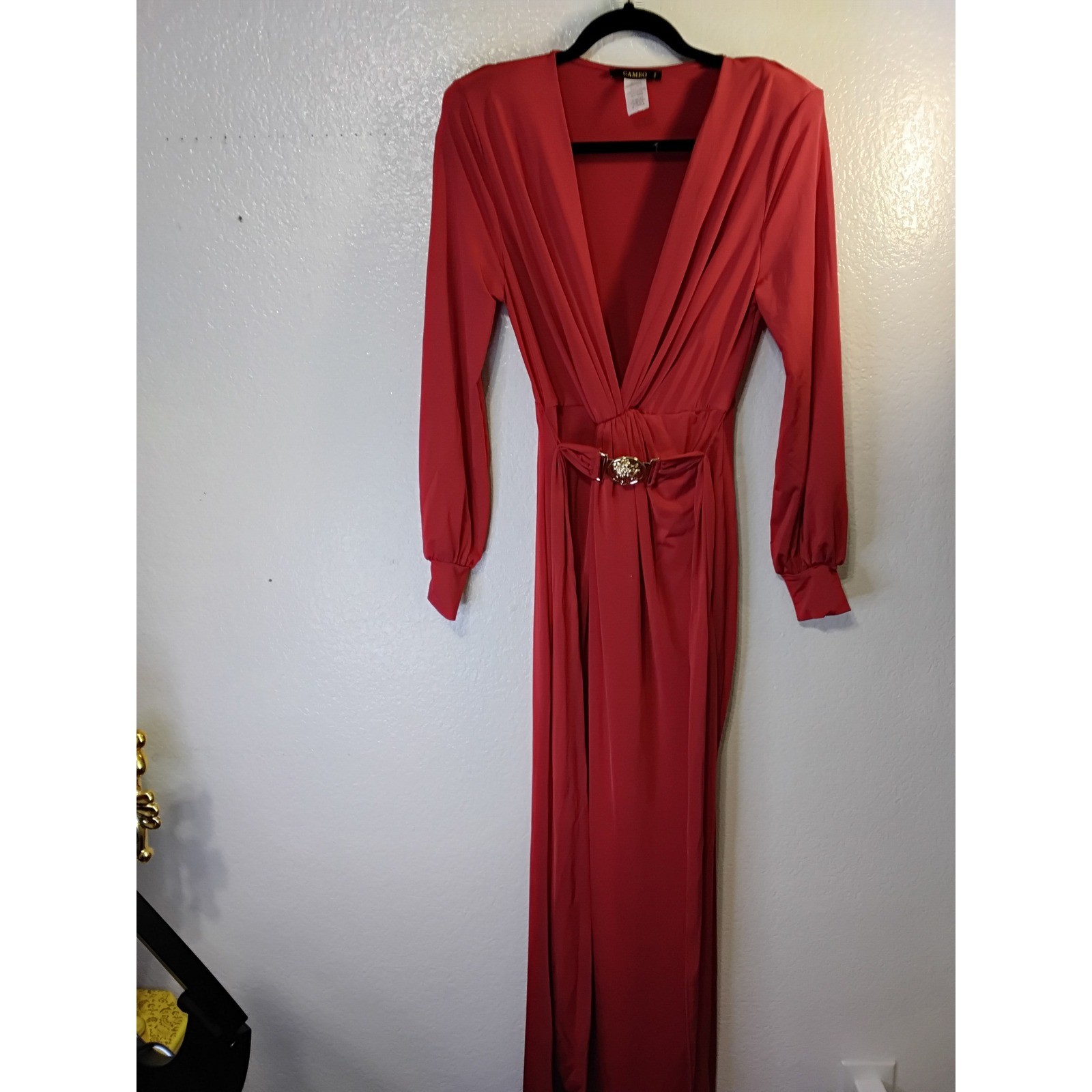 Cameo Rose Red Deep V-Neck Maxi Gown Gold Lion Buckle Long Sleeve Slit Dress(43)