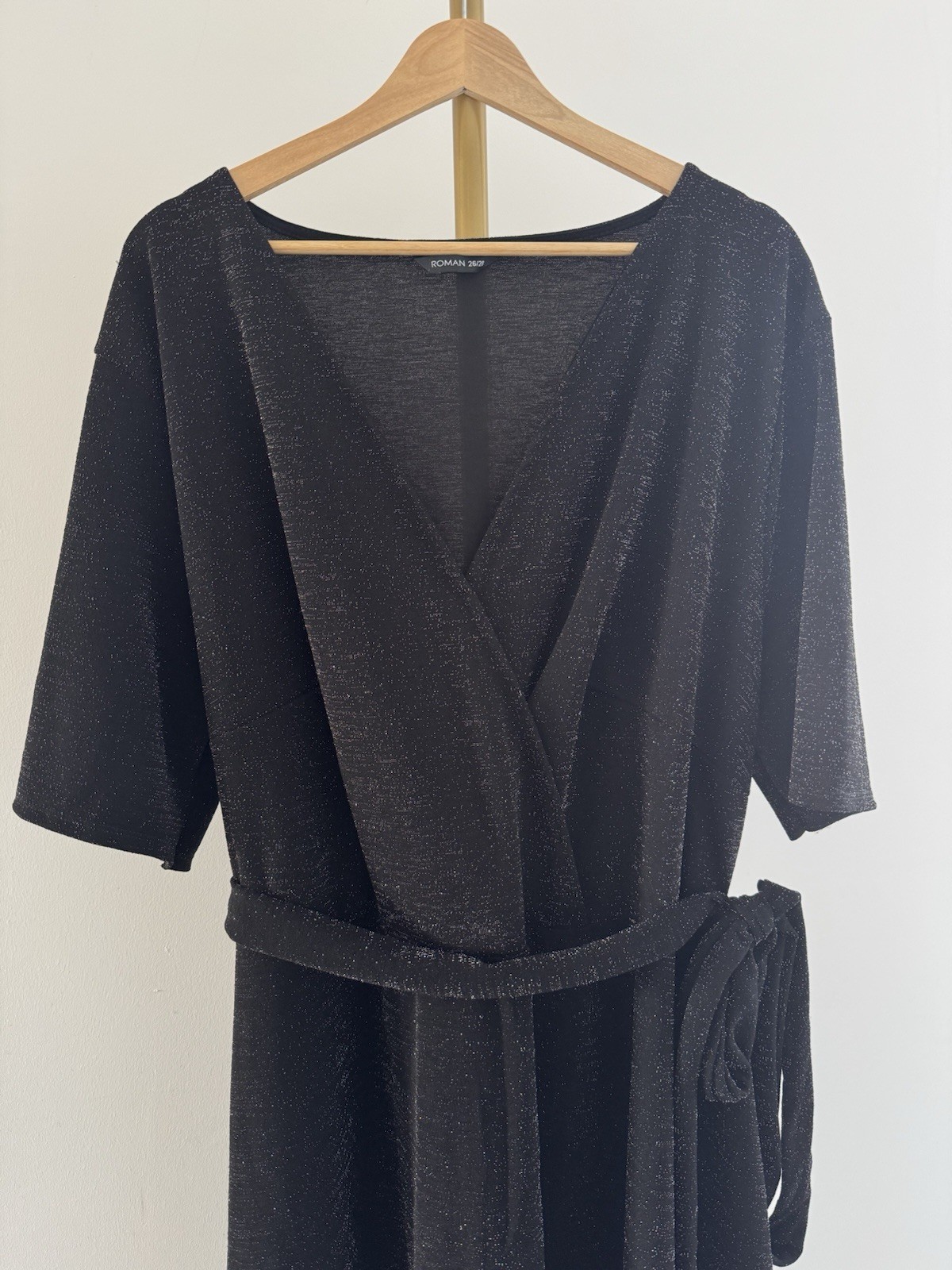 Roman Black Glitter Knee Length Dress UK 26/28 Sparkly Evening Party Belted