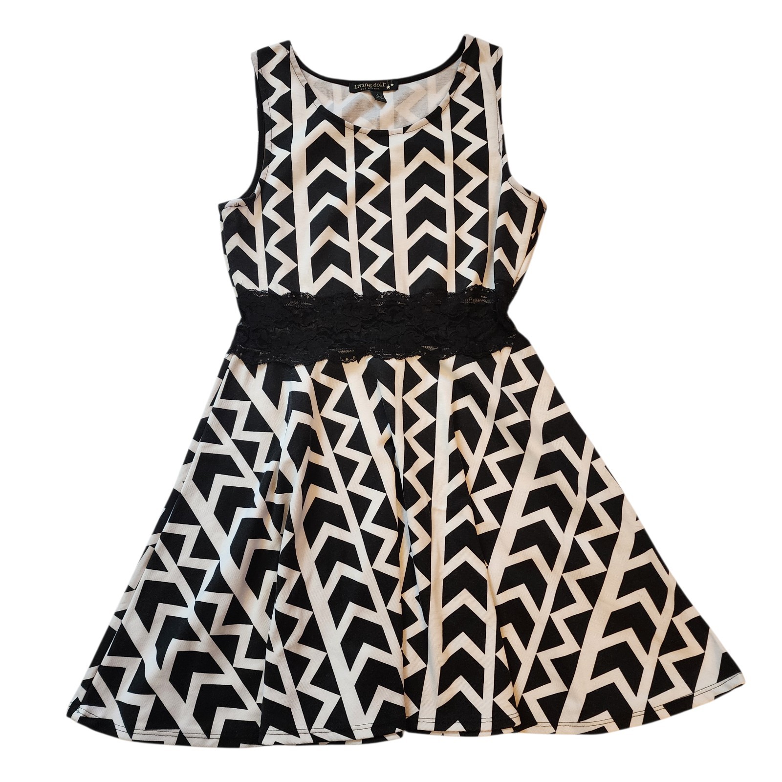Living Doll Womens Dress Size L Jrs Black White High Waist Sleeveless Stretch