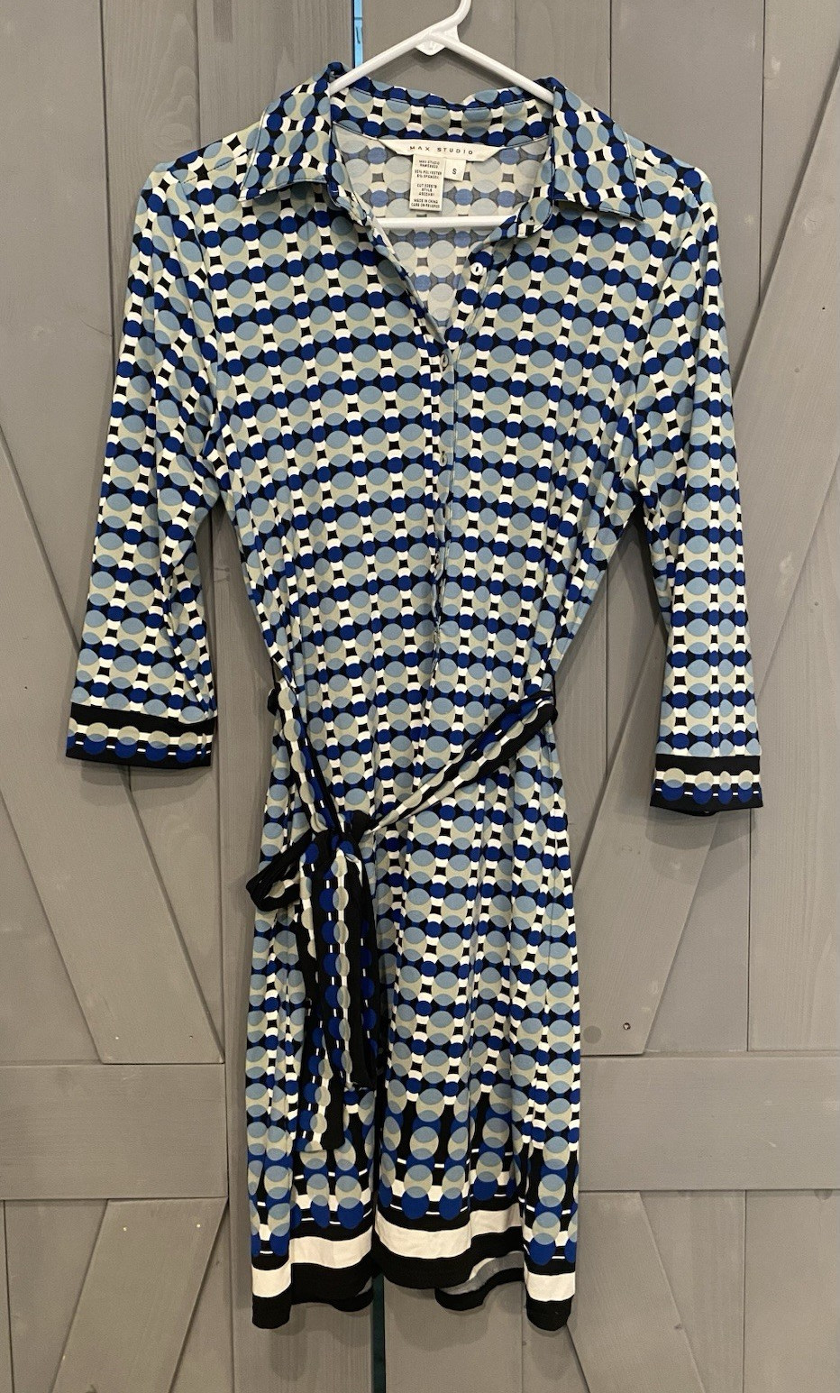 Max Studio Blue/Gray/White Geometric Shirt Dress Collared Belted 3/4 Sleeve S