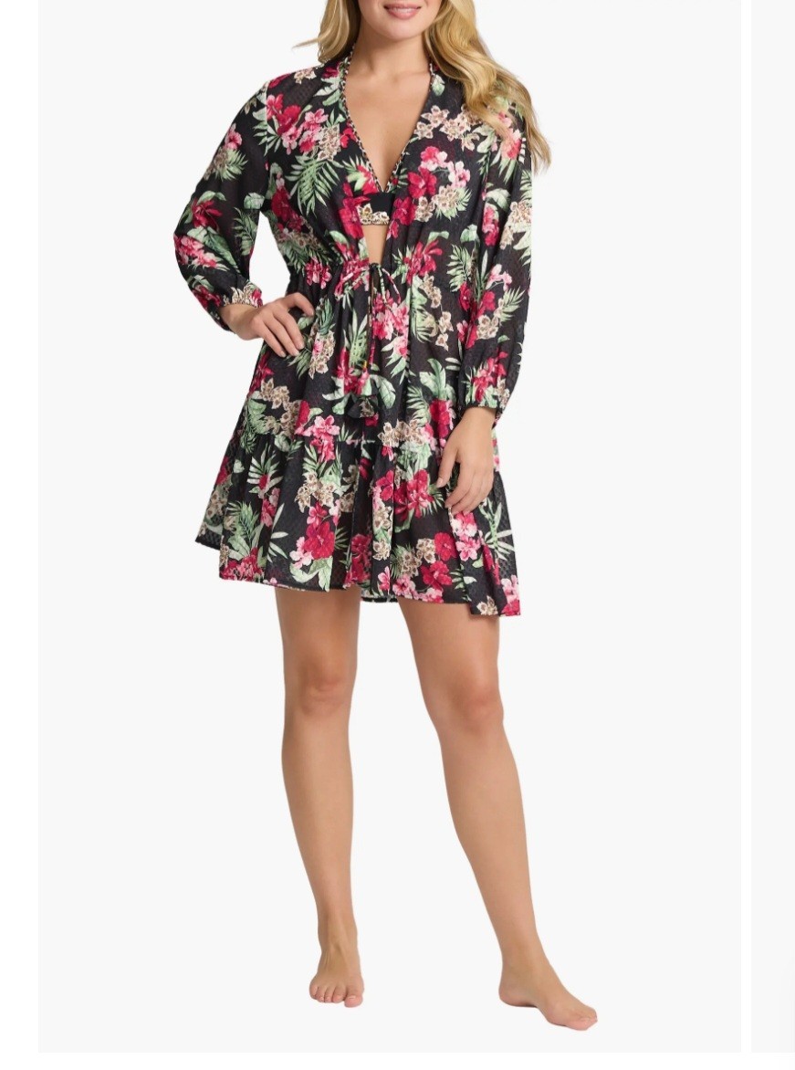 Tommy Bahama Lily Cat Open Front Tunic XL Black Floral V-Neck Tie Front