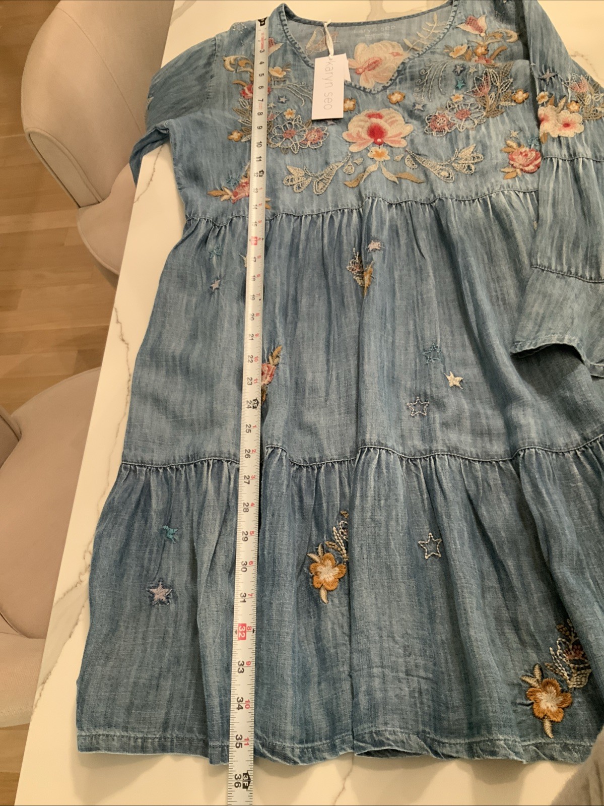 Karyn See Lightweight Denim Embroidered Dress L Bohemian Handmade India