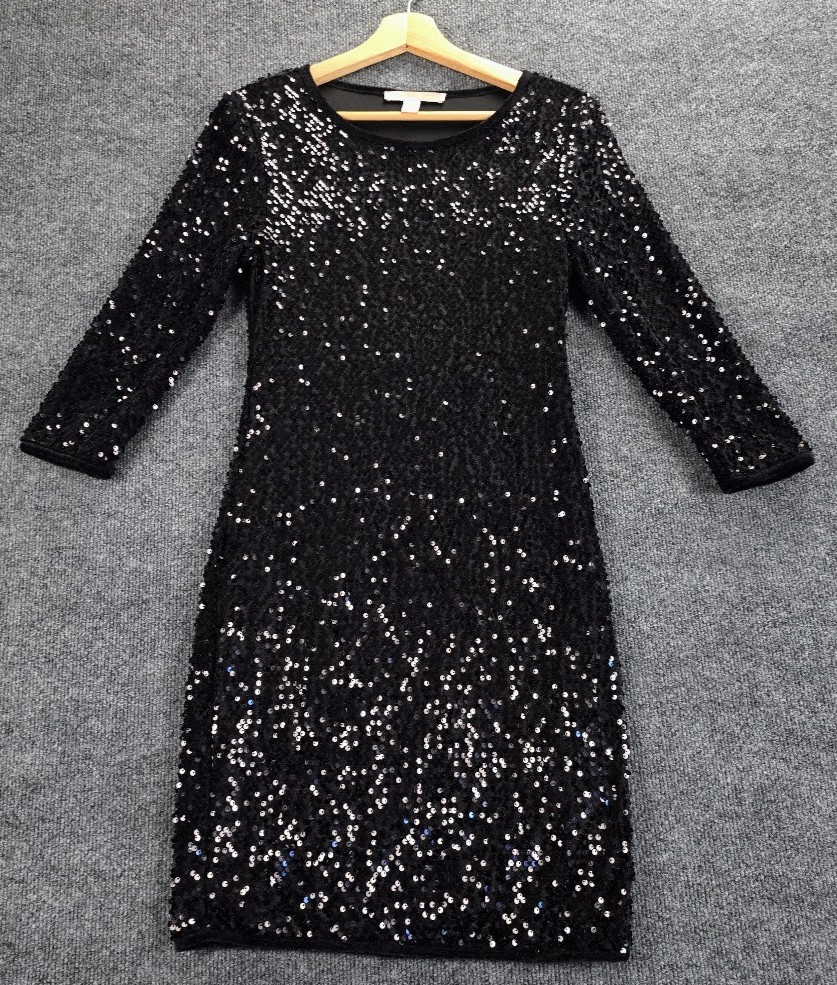 Forever 21 XXI Dress Womens XS Black Sequin Sparkle 3/4 Sleeve Party Cocktail