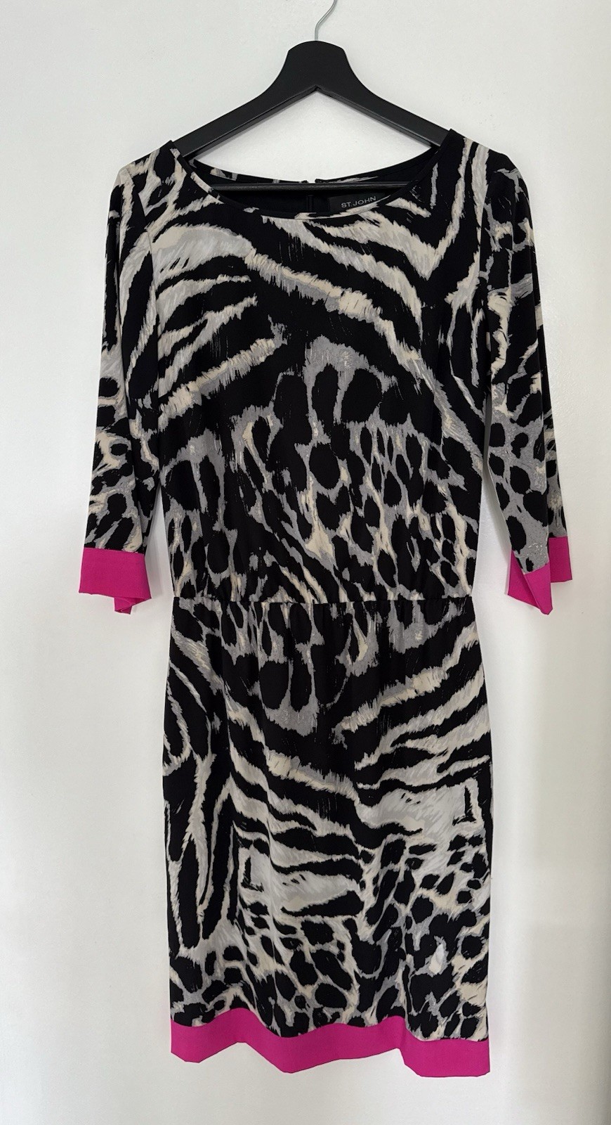St. John Black Pink Trim Animal Print Dress Silk Blend 3/4 Sleeves Knee Length 4