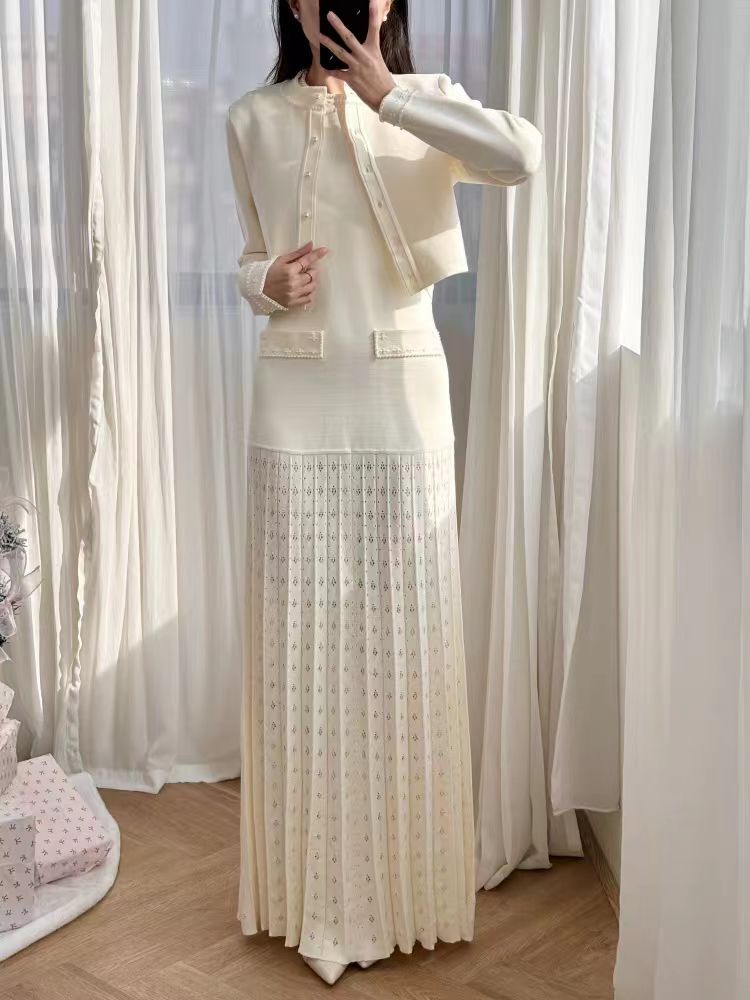 Sandro white Pearl edge Coat cardigan + Pleated long knit Dresses