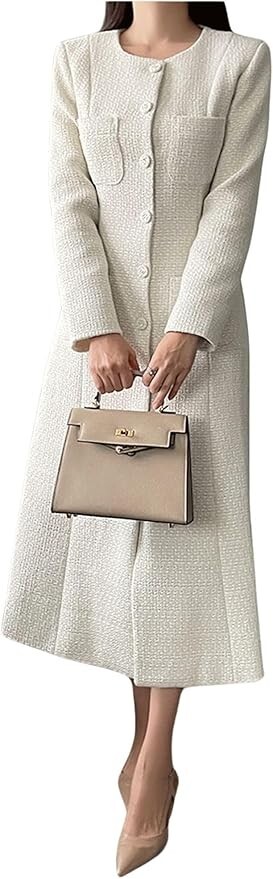 Women Tweed Dress Long Sleeve Single Breast Elegant Lady Long Tweed Blazer Dress