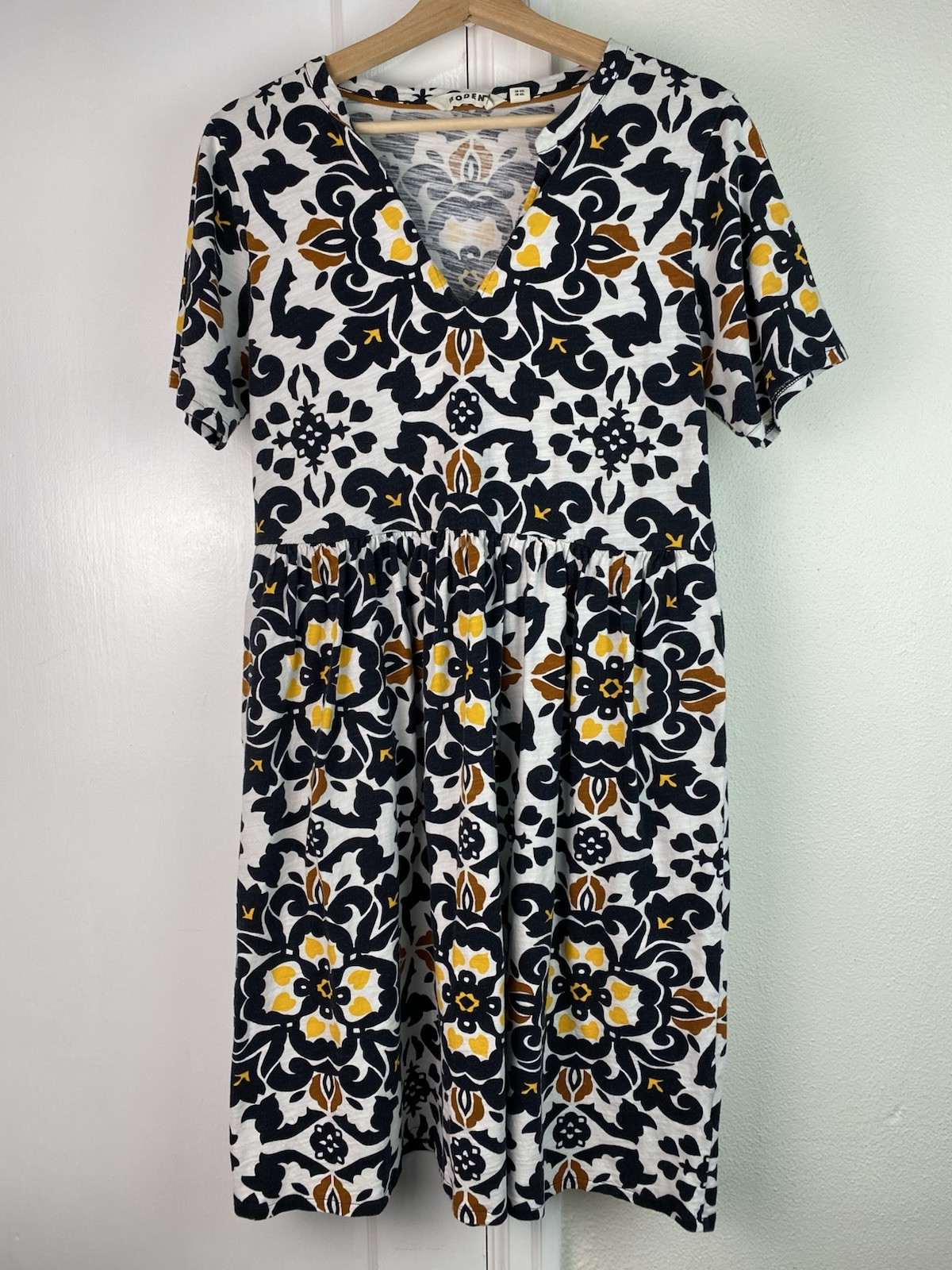 Boden Women’s 10L White Black Yellow Floral Cotton Short Sleeve A-Line Dress
